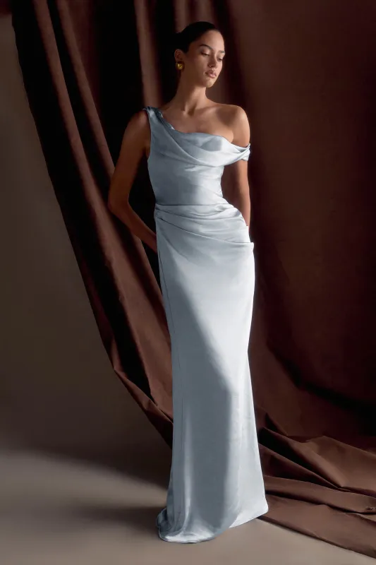 Dalia Off Shoulder Satin Maxi Dress - Frosted Blue sold by Meshki