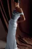 Dalia Off Shoulder Satin Maxi Dress - Frosted Blue sold by Meshki