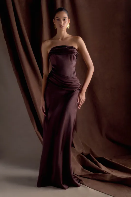 Jasmine Strapless Satin Maxi Dress - Dark Chocolate sold by Meshki