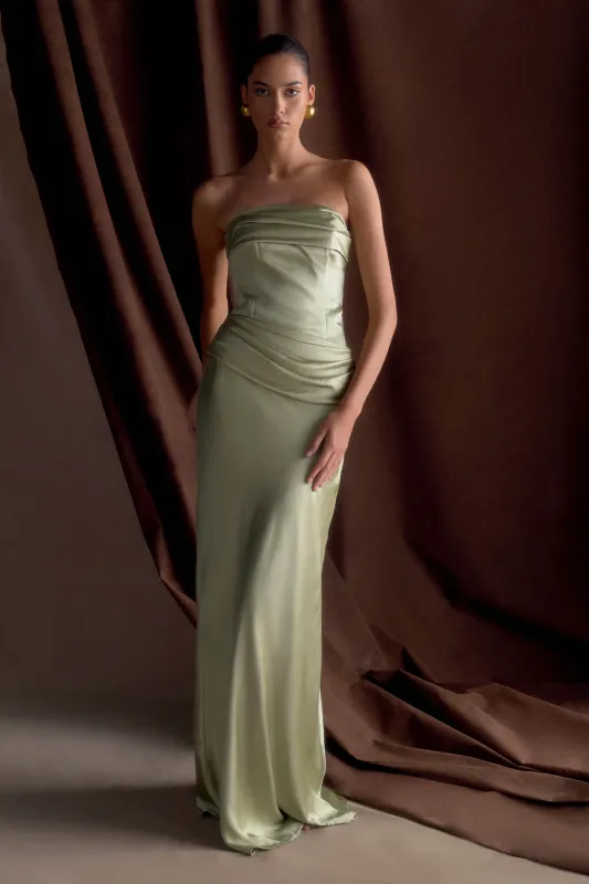 Jasmine Strapless Satin Maxi Dress - Sage sold by Meshki