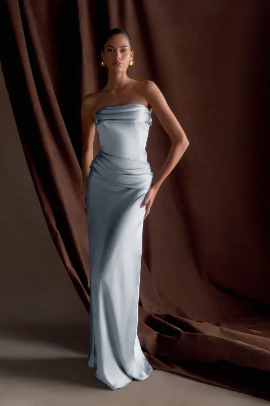 Jasmine Strapless Satin Maxi Dress - Frosted Blue sold by Meshki