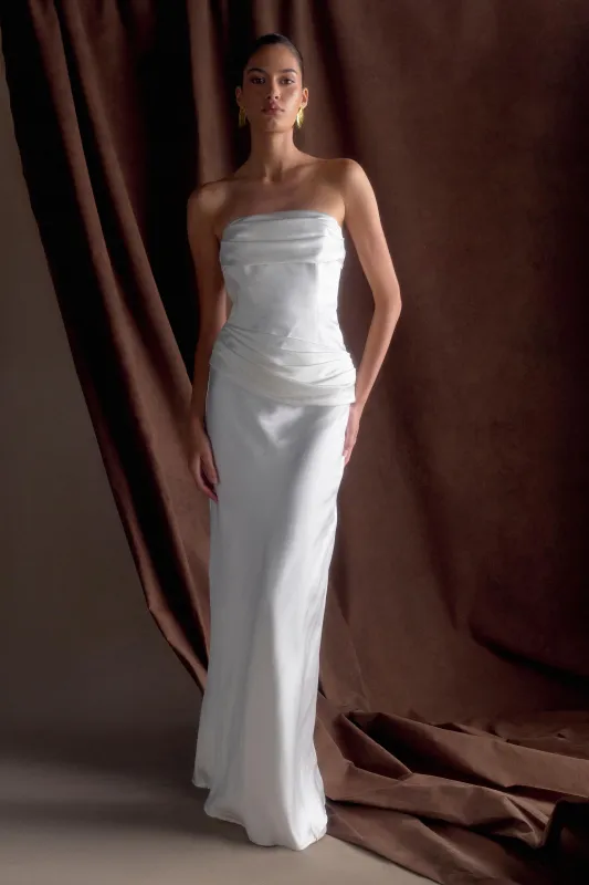 Jasmine Strapless Satin Maxi Dress - White sold by Meshki