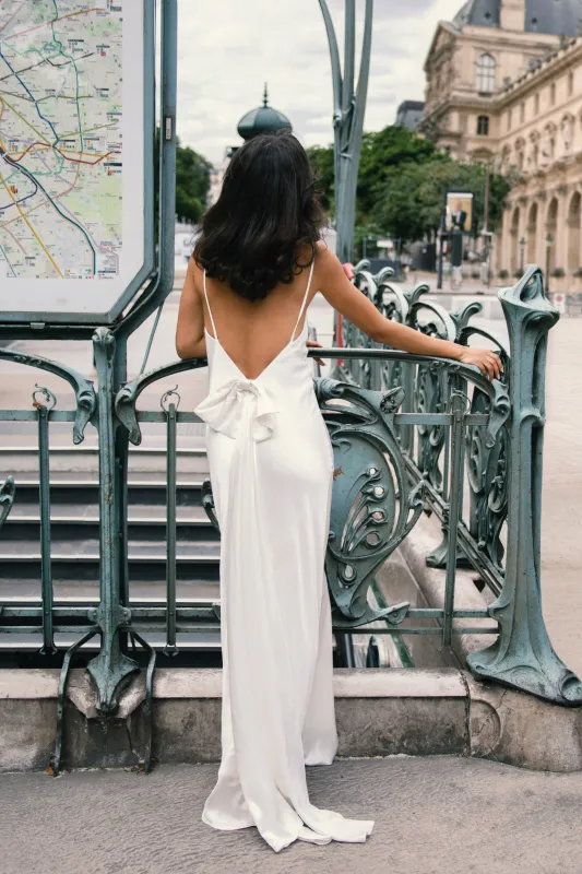 Kailey Low Back Maxi Dress With Detachable Bow Train - White sold by Meshki