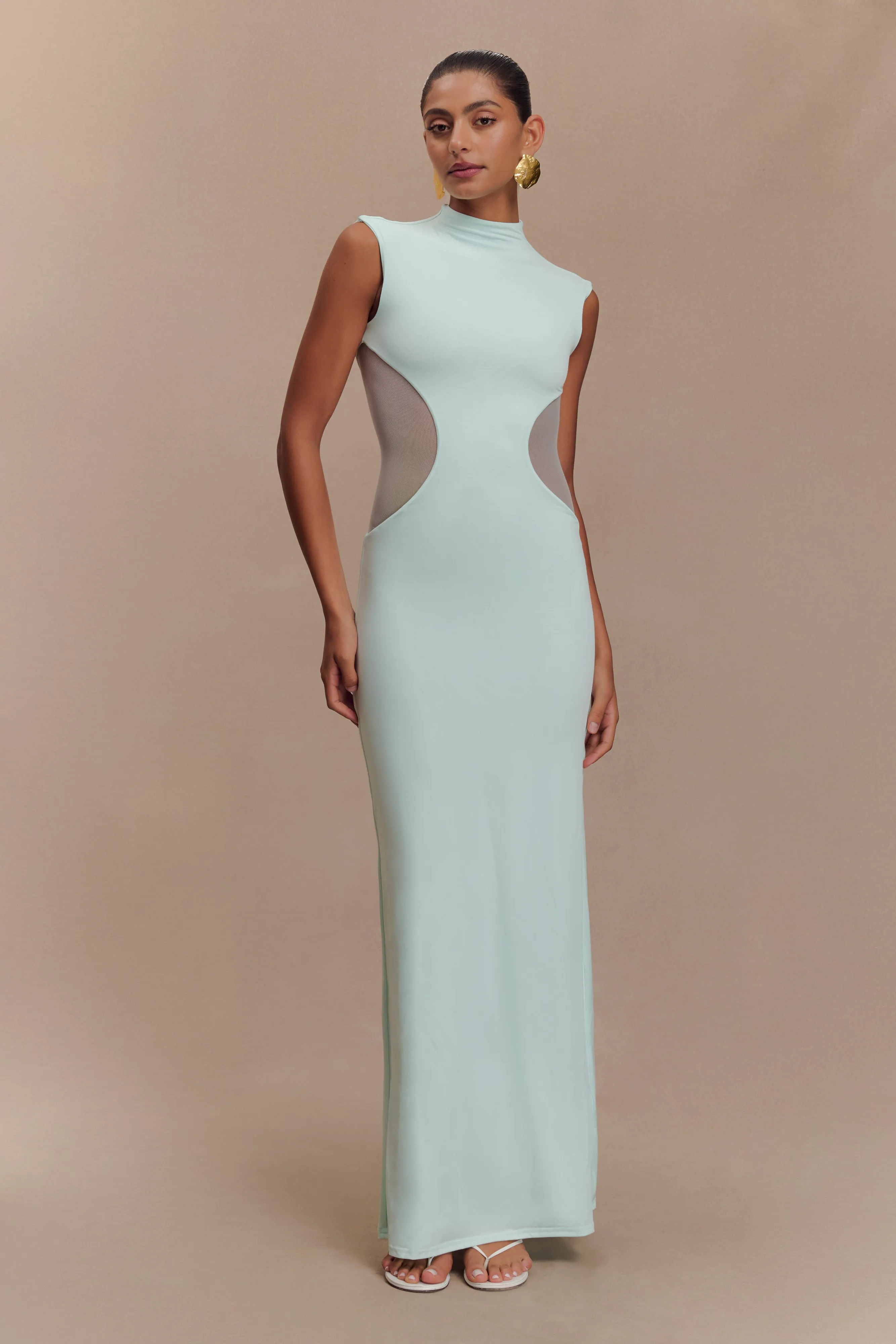 Massie Slinky And Mesh Maxi Dress - Lagoon sold by Meshki