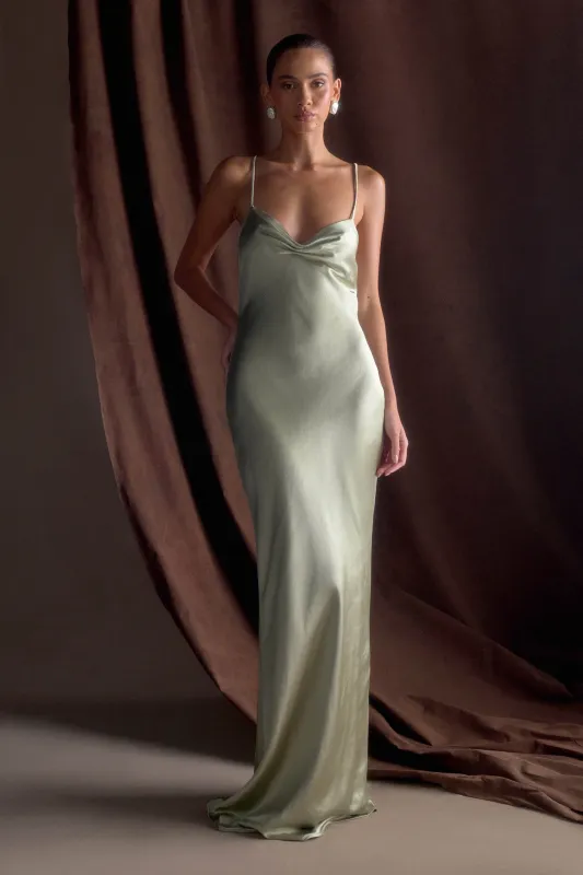 Lilly Sweetheart Satin Maxi Dress - Sage sold by Meshki