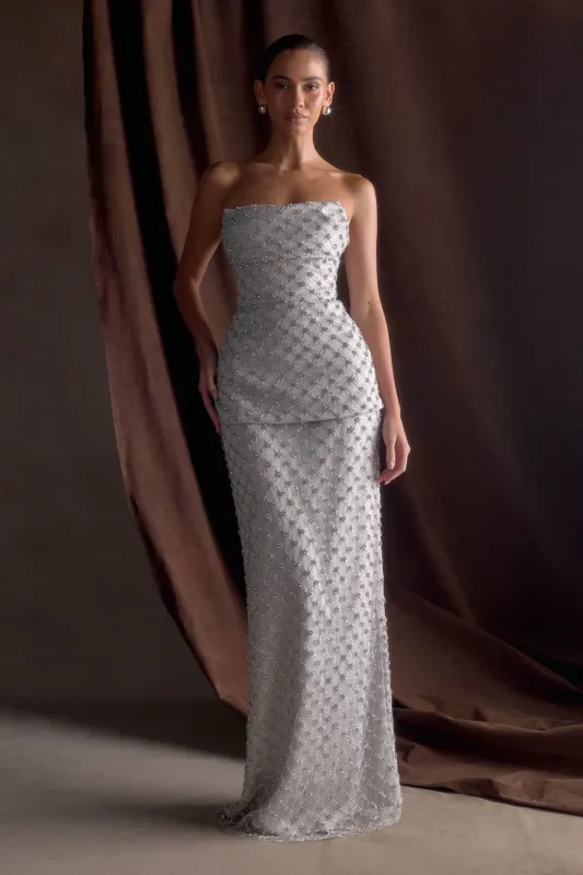 Zuri Hand Beaded Embellished Maxi Skirt - Silver sold by Meshki