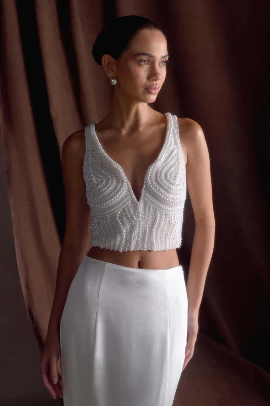 Kathia Pearl Hand Beaded Top - White sold by Meshki
