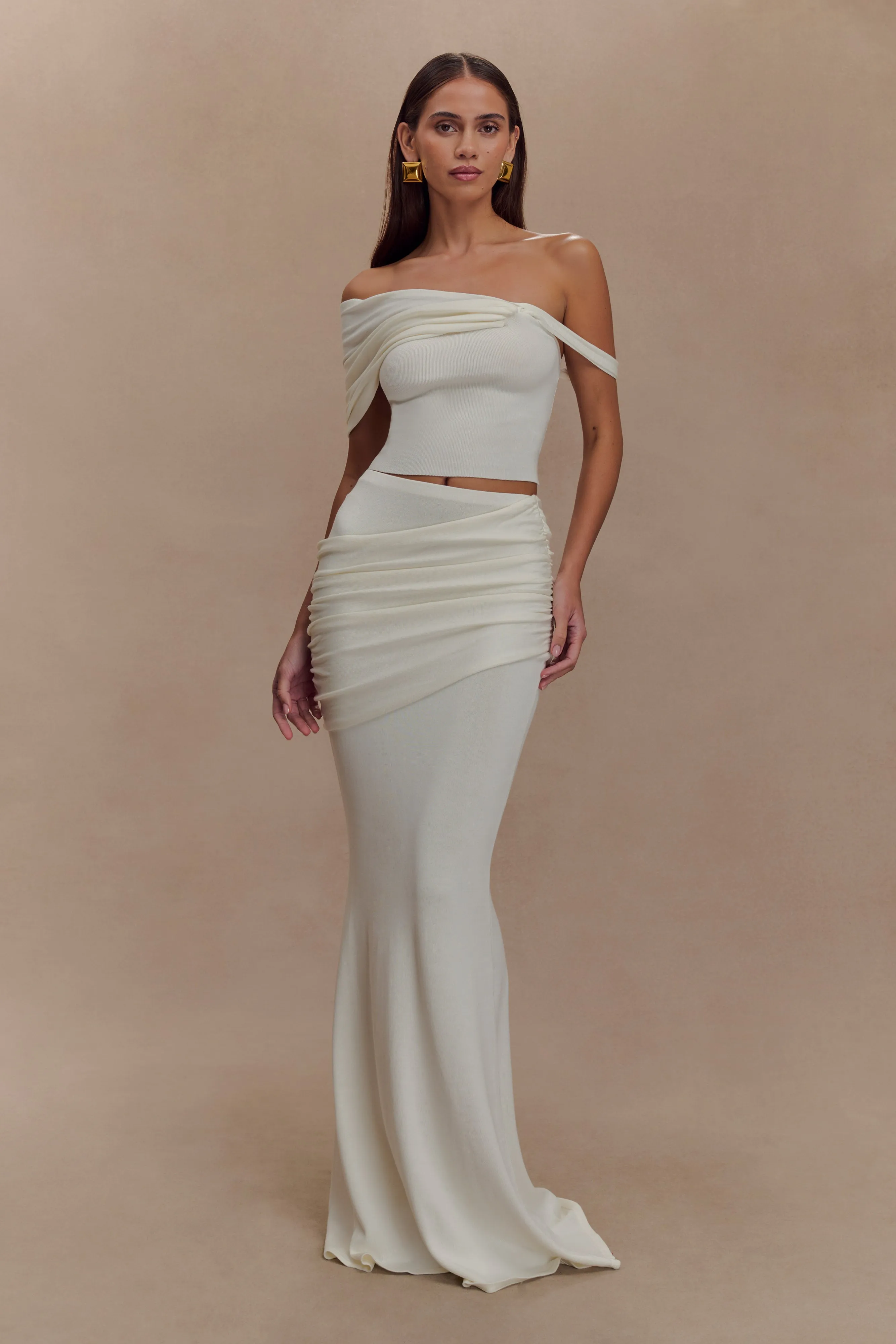 Irene Gathered Knit Maxi Skirt - Ivory sold by Meshki