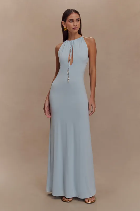 Beryl Slinky Maxi Dress With Pearls - Pale Blue sold by Meshki