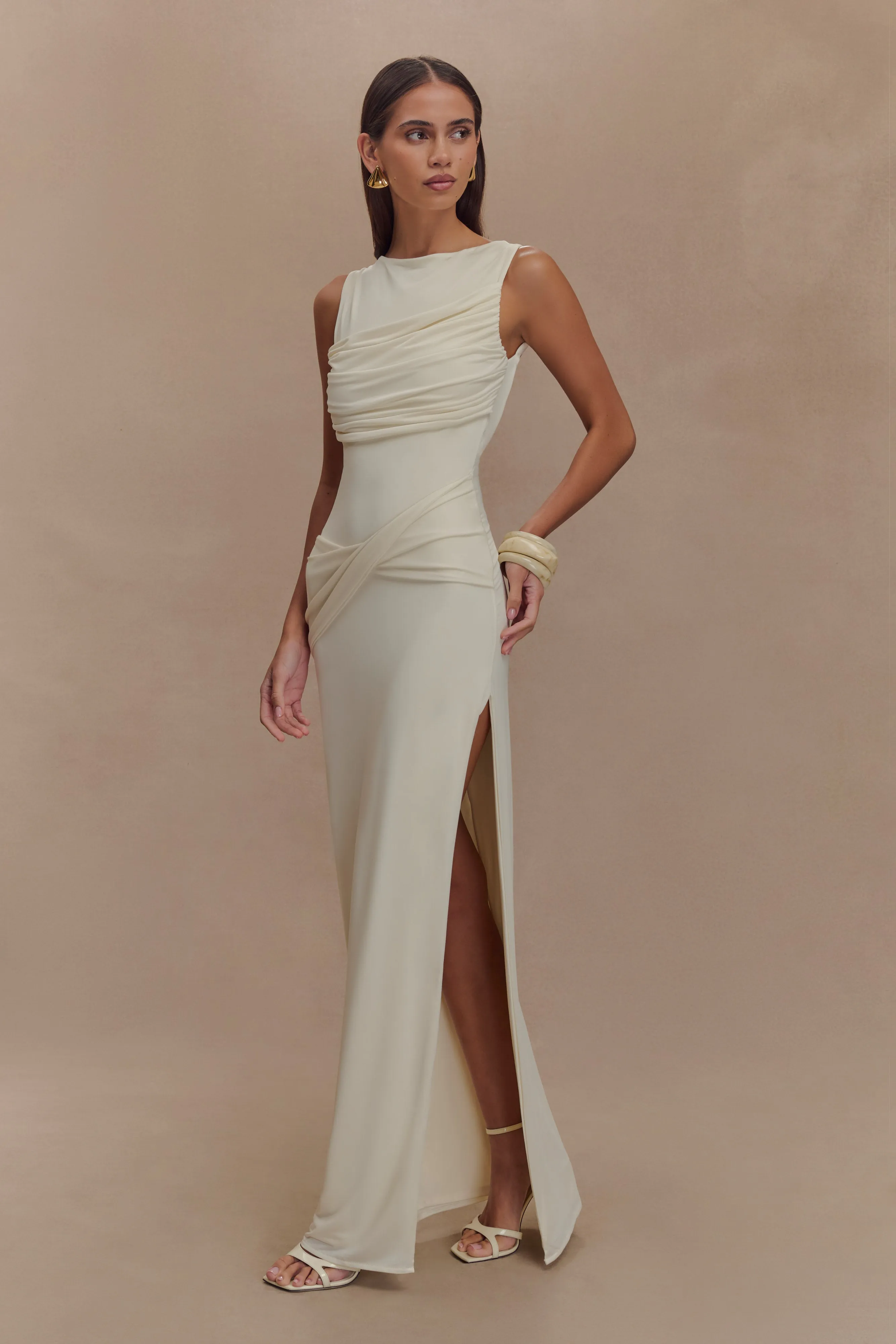 Henley Slinky Drape Maxi Dress - Ivory sold by Meshki product image thumbnail 4