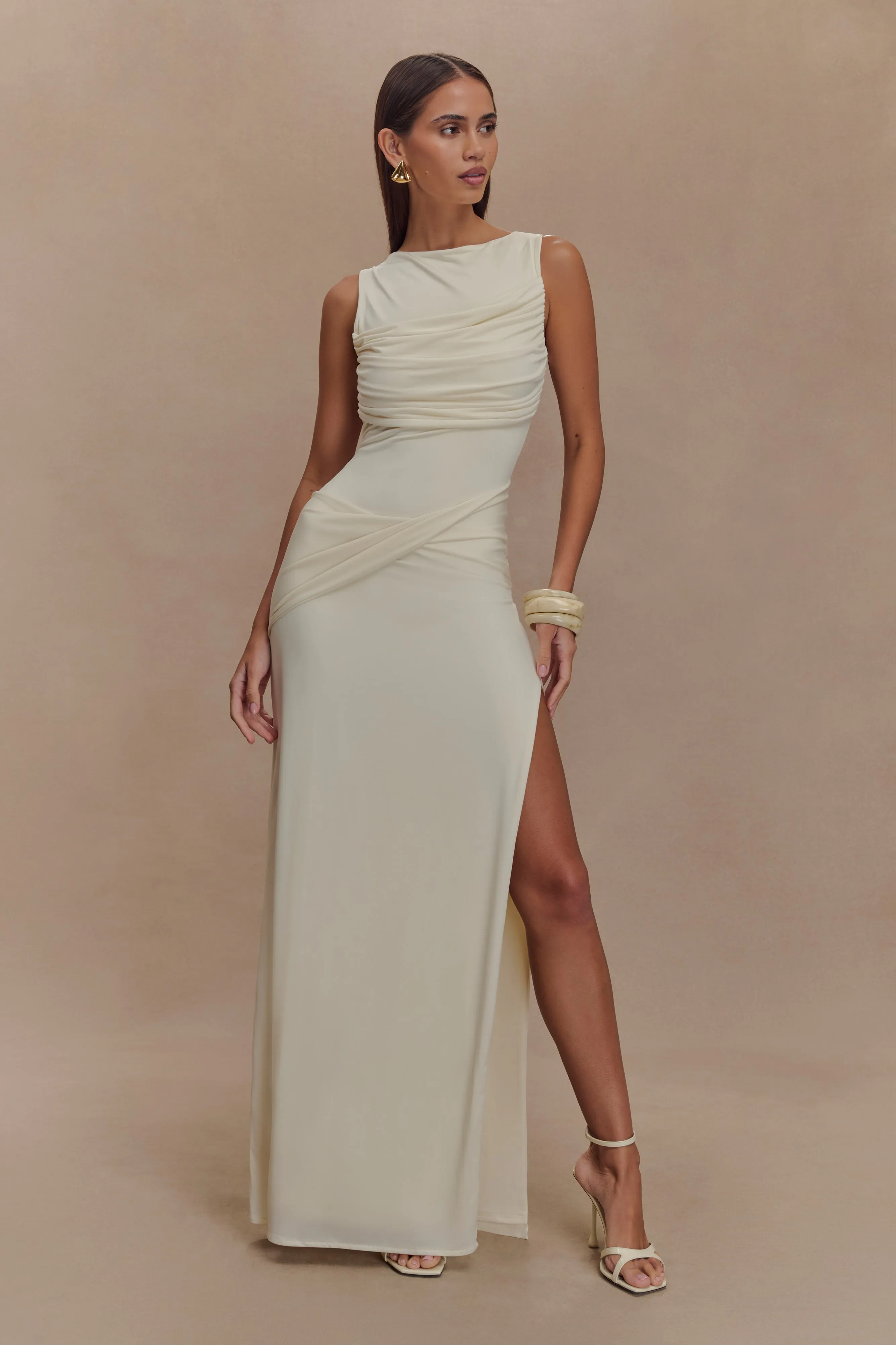 Henley Slinky Drape Maxi Dress - Ivory sold by Meshki product image thumbnail 5