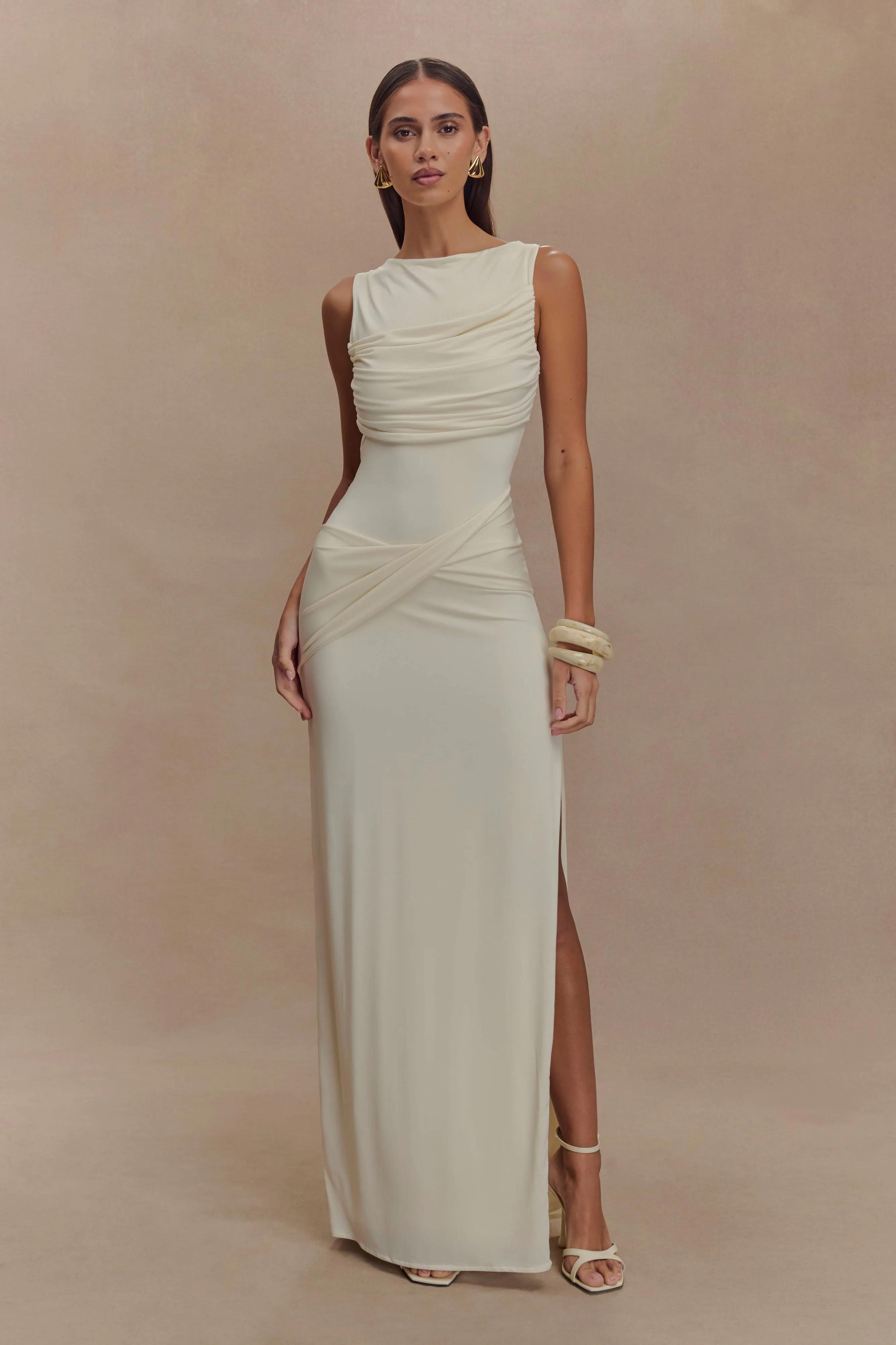 Henley Slinky Drape Maxi Dress - Ivory sold by Meshki
