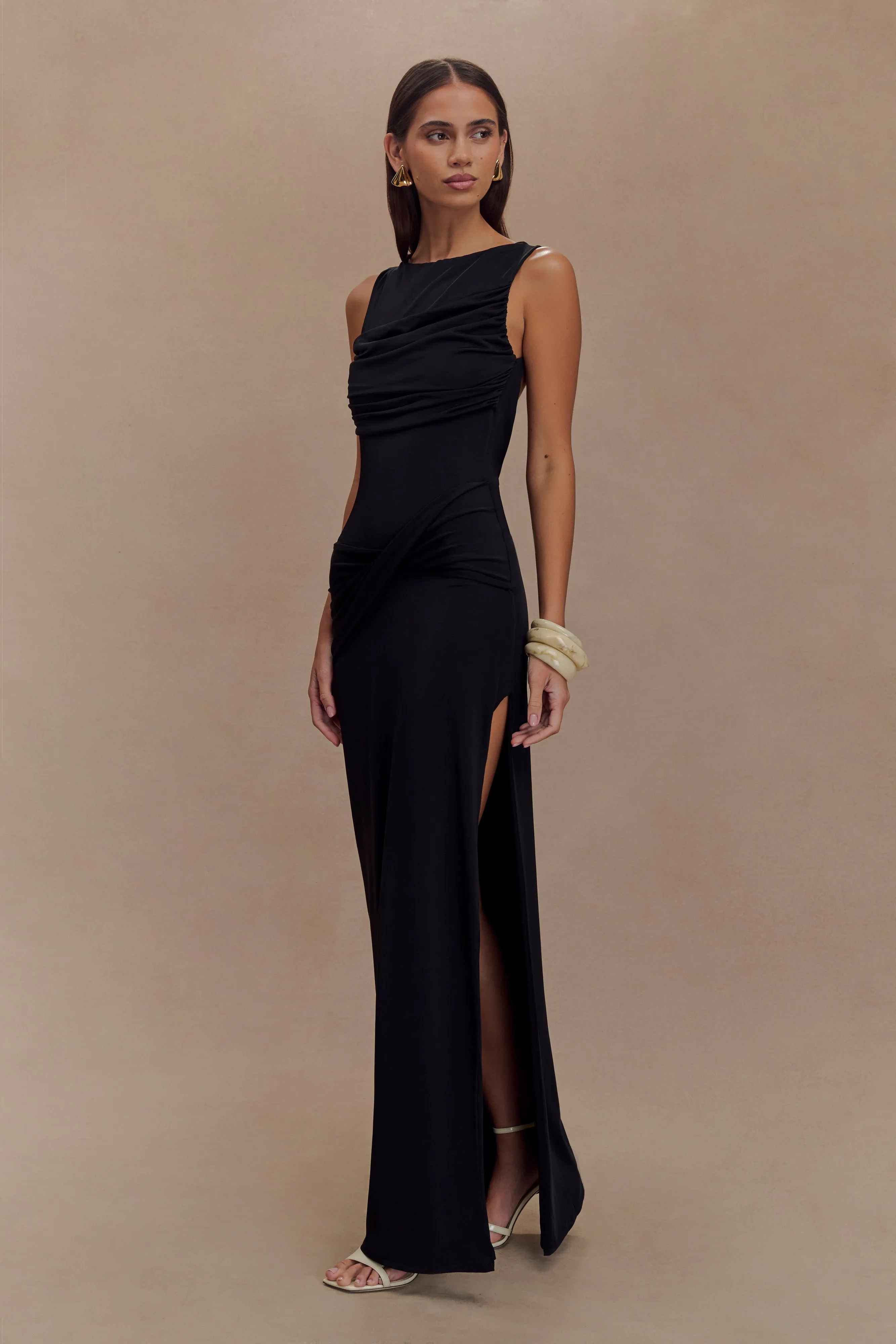 Henley Slinky Drape Maxi Dress - Black sold by Meshki product image thumbnail 4