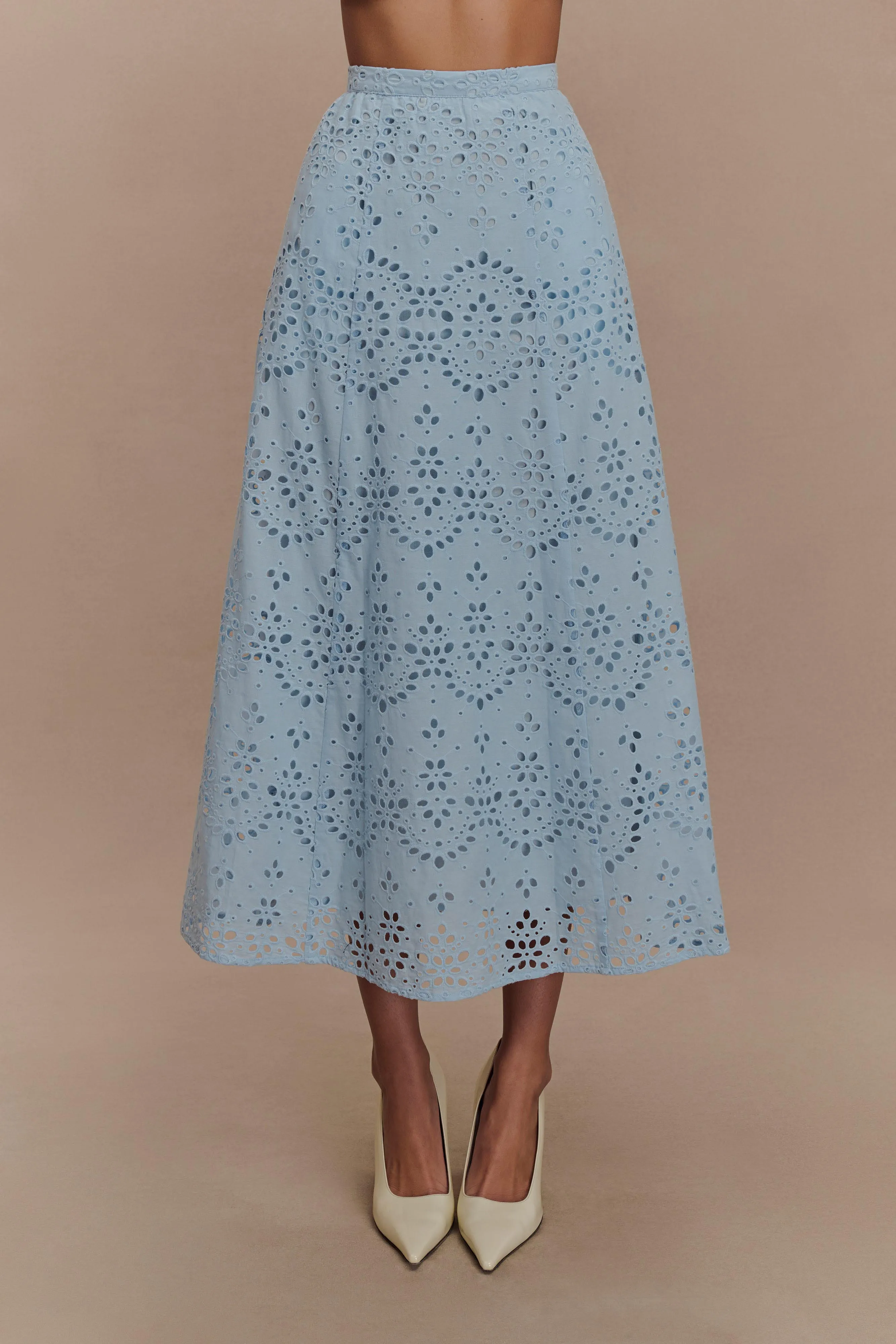 Arla Broderie Midi Skirt - Pale Cornflower Blue sold by Meshki