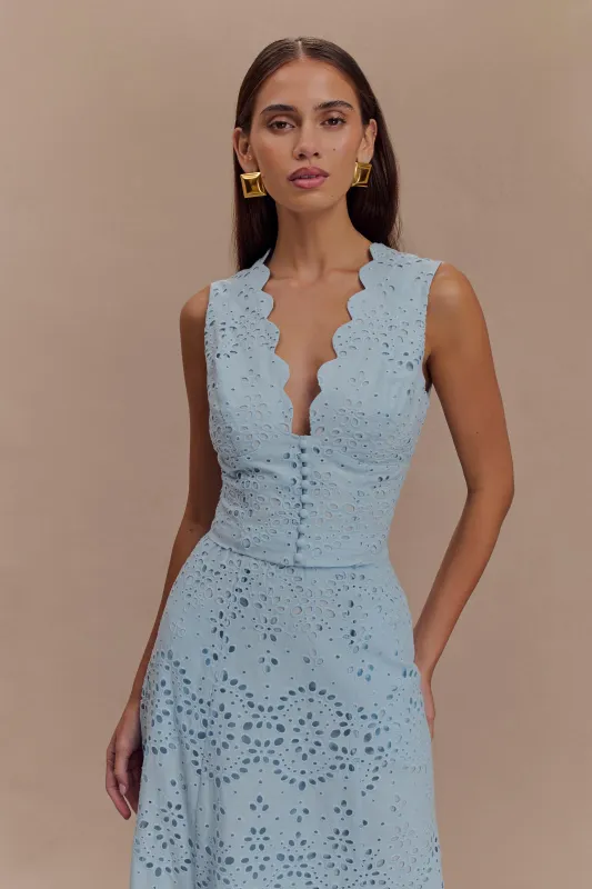 Arla Sleeveless Broderie Top - Pale Cornflower Blue sold by Meshki