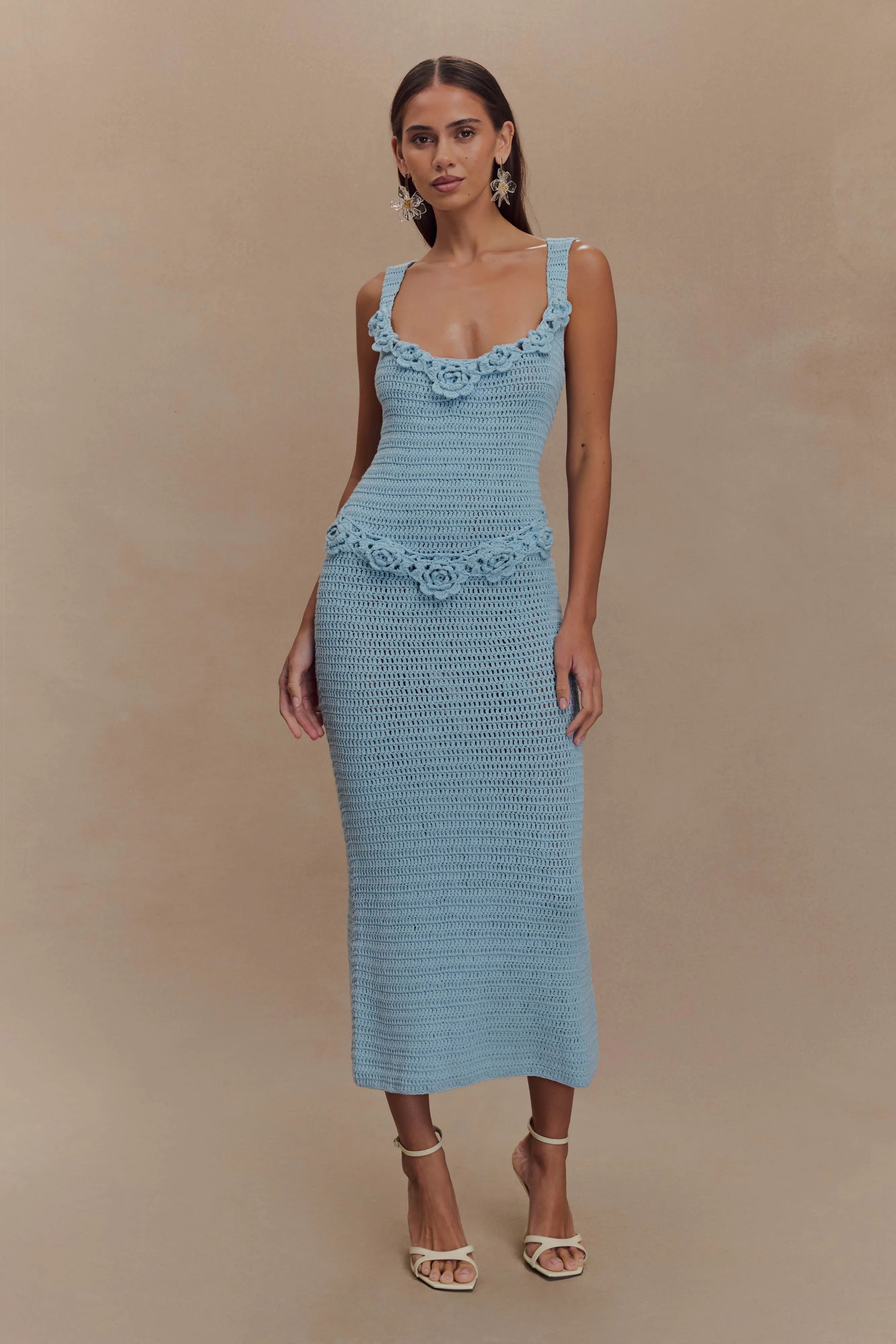 Teagan Floral Hand Crochet Midi Dress - Blue sold by Meshki