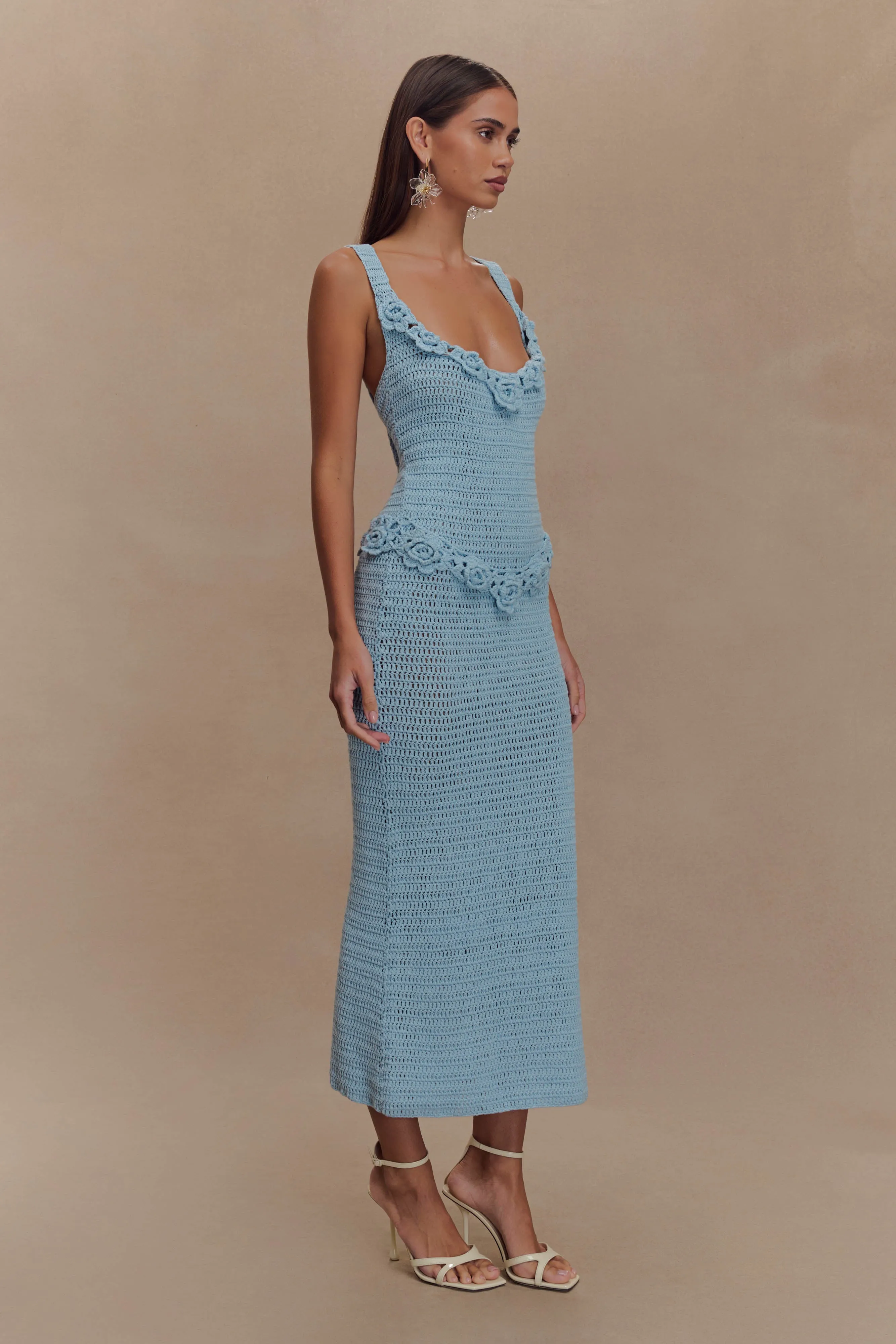 Teagan Floral Hand Crochet Midi Dress - Blue sold by Meshki product image thumbnail 4