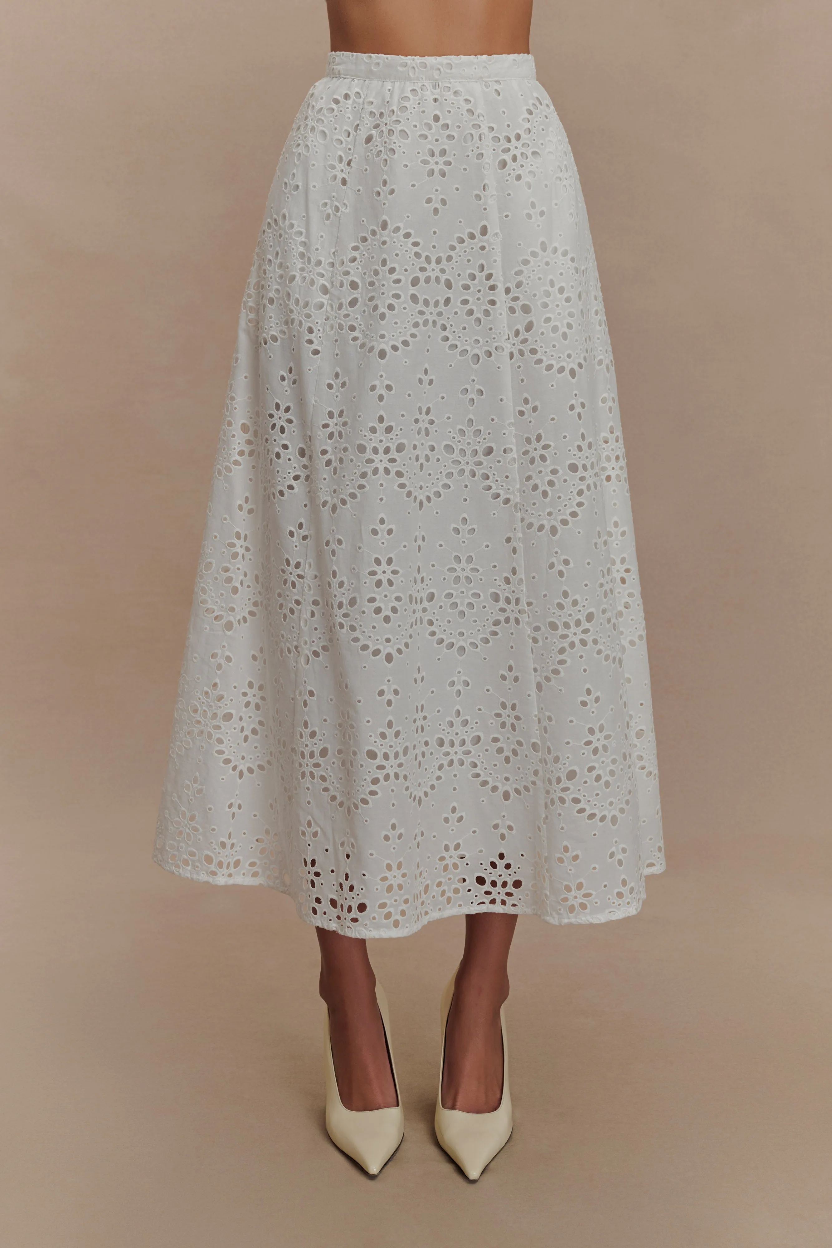 Arla Broderie Midi Skirt - White sold by Meshki