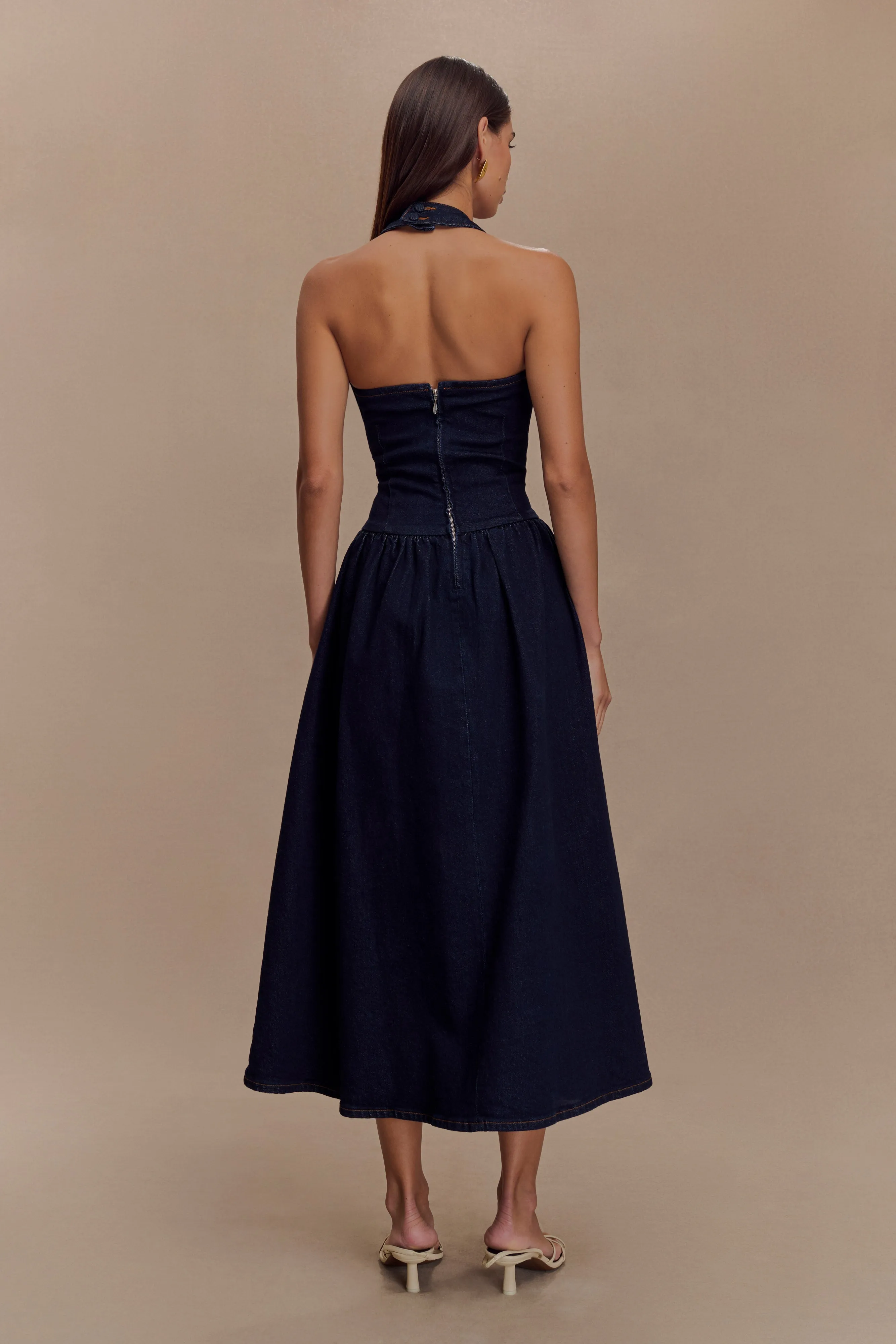 Caroline Denim Halter Midi Dress - Indigo Blue sold by Meshki product image thumbnail 2