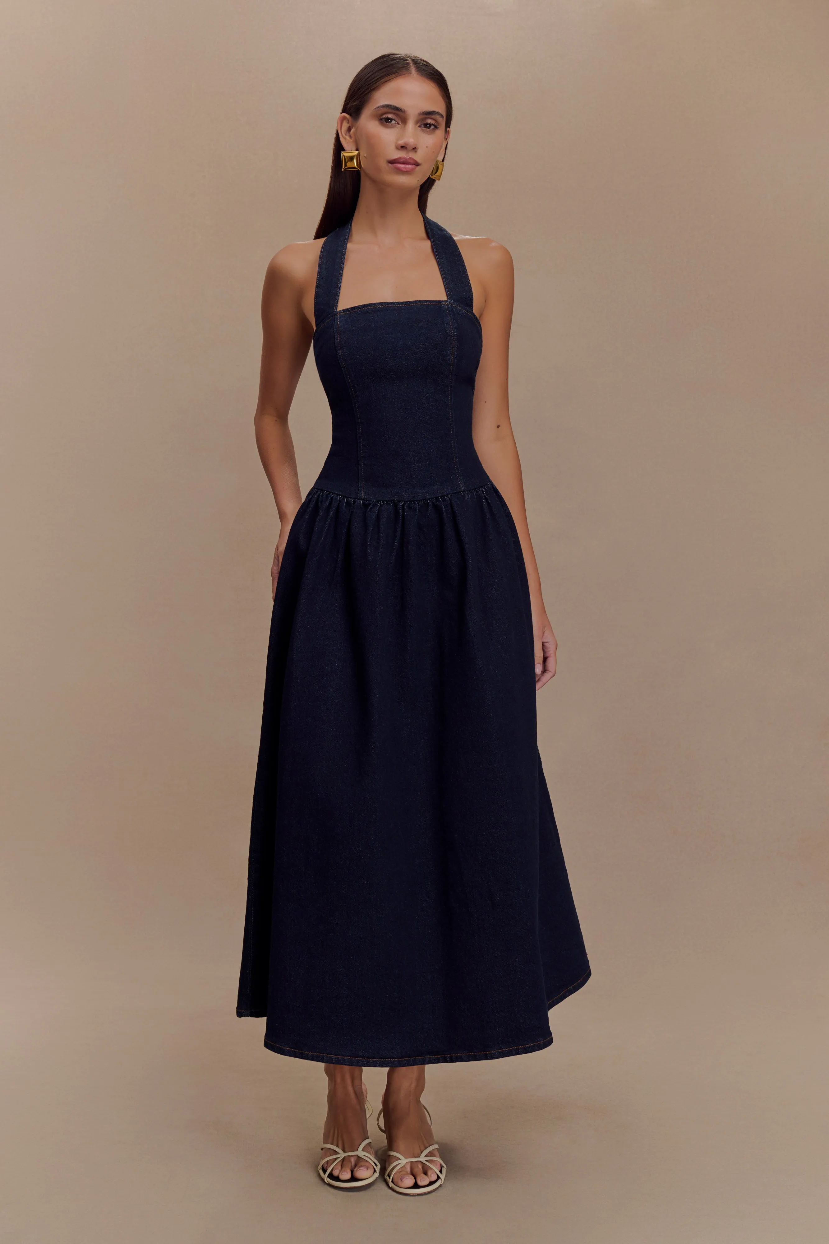 Caroline Denim Halter Midi Dress - Indigo Blue sold by Meshki