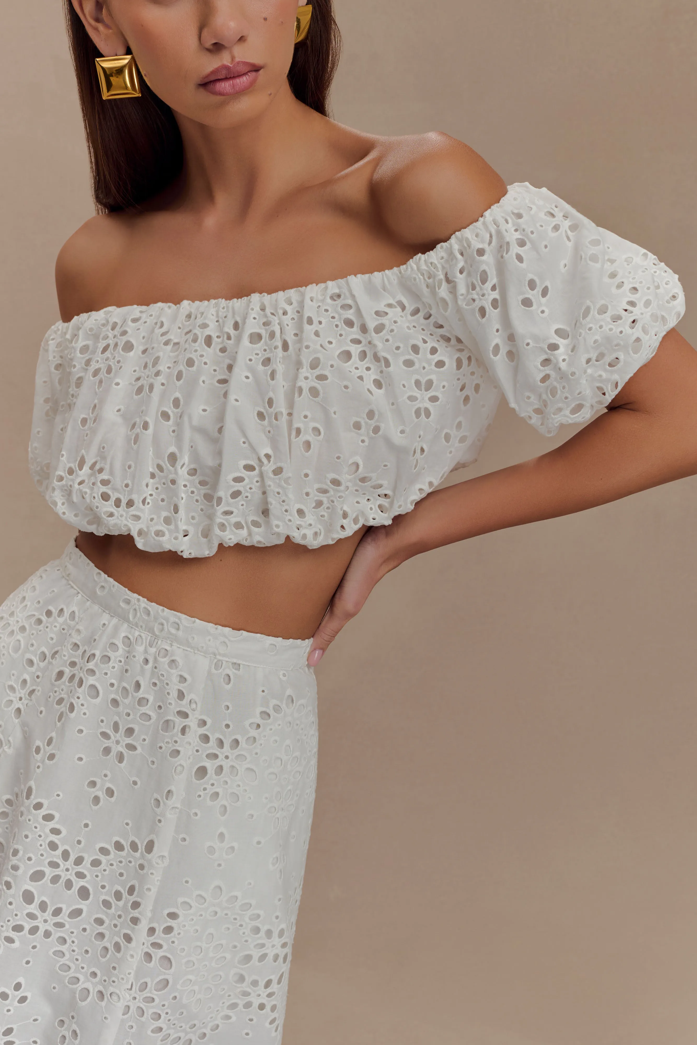 Autumn Off Shoulder Broderie Top - White sold by Meshki product image thumbnail 3