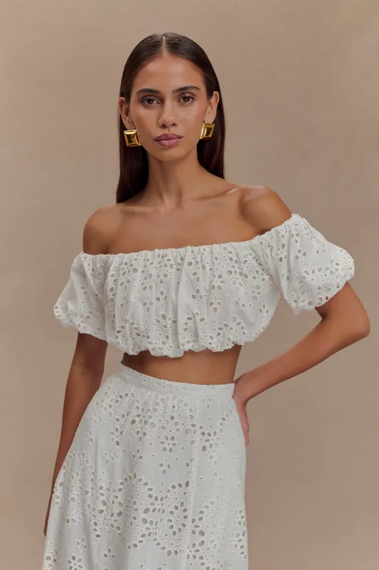 Autumn Off Shoulder Broderie Top - White sold by Meshki