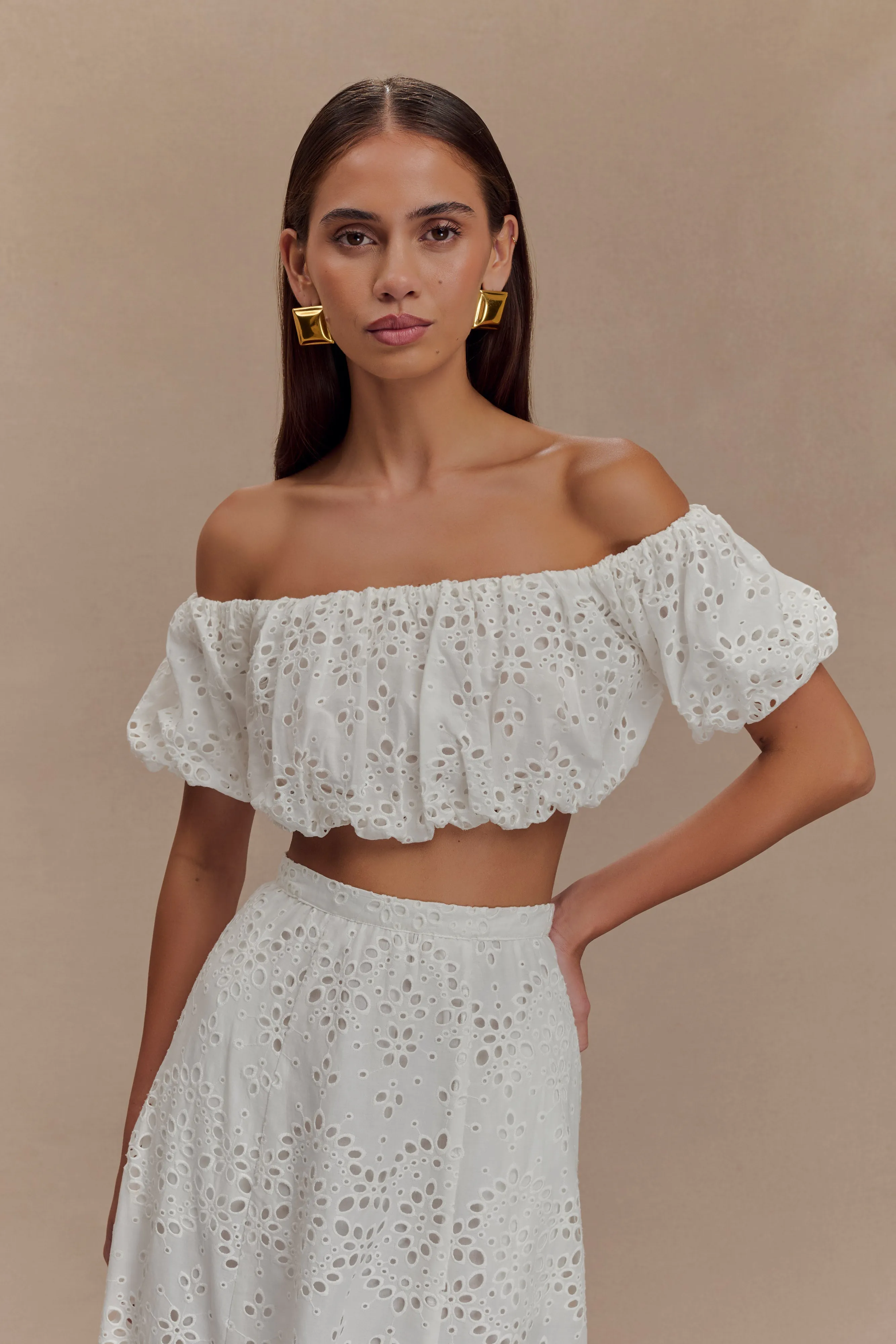 Autumn Off Shoulder Broderie Top - White sold by Meshki