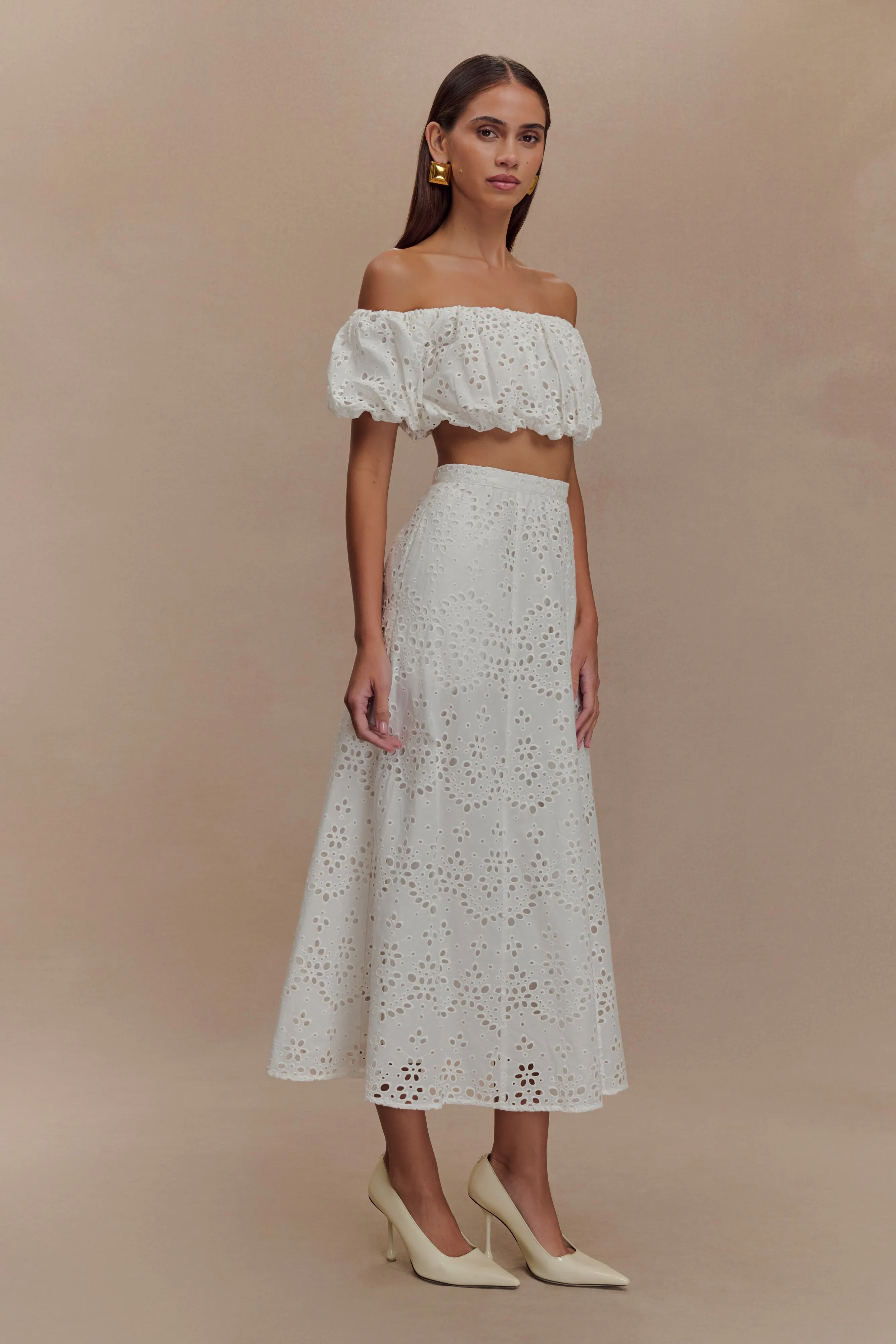 Autumn Off Shoulder Broderie Top - White sold by Meshki product image thumbnail 4