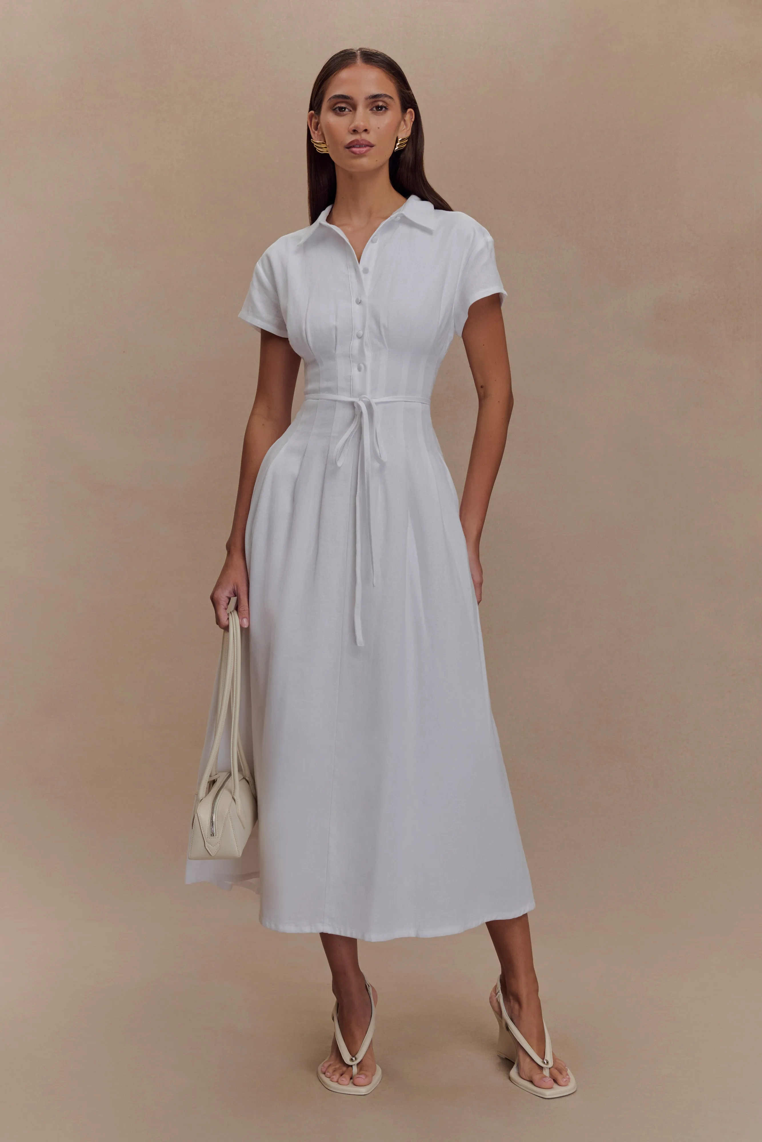 Aysha Buttoned Linen Midi Dress - White sold by Meshki