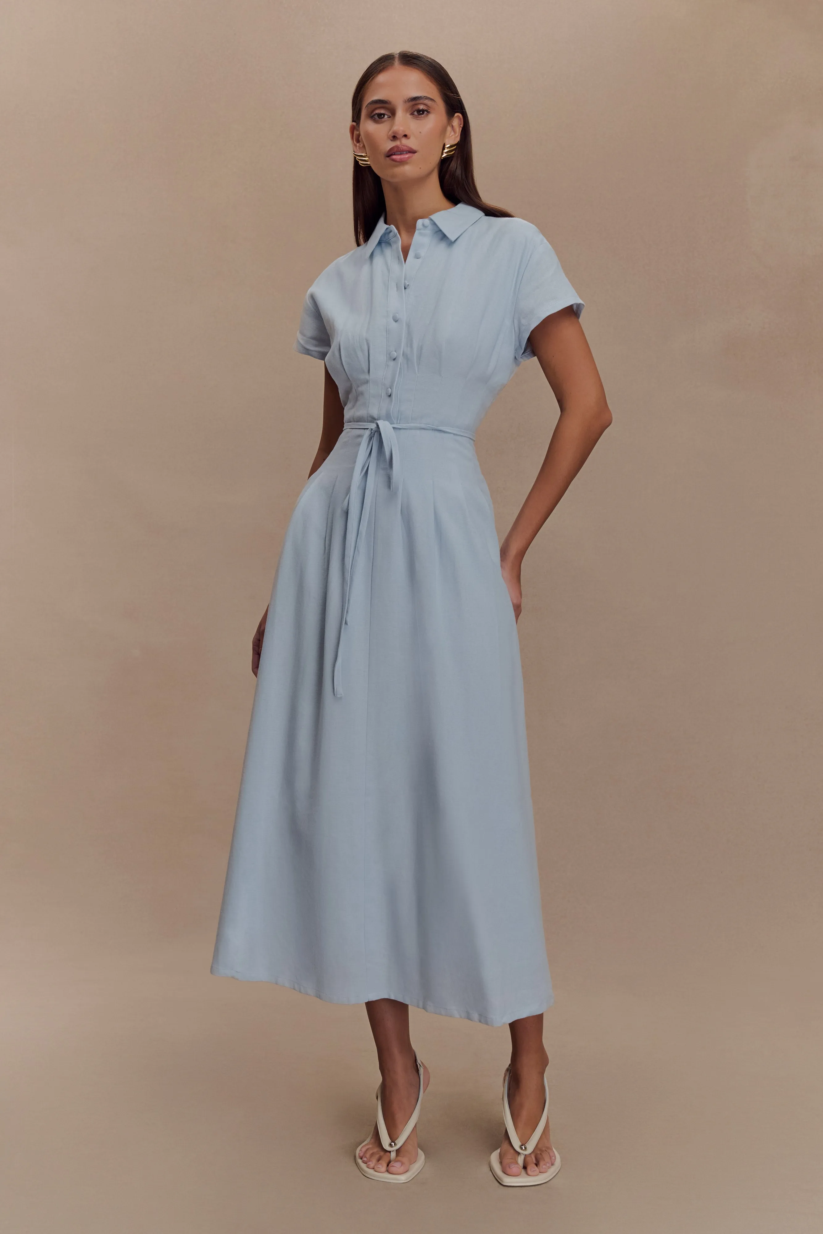 Aysha Buttoned Linen Midi Dress - Cornflower Blue sold by Meshki