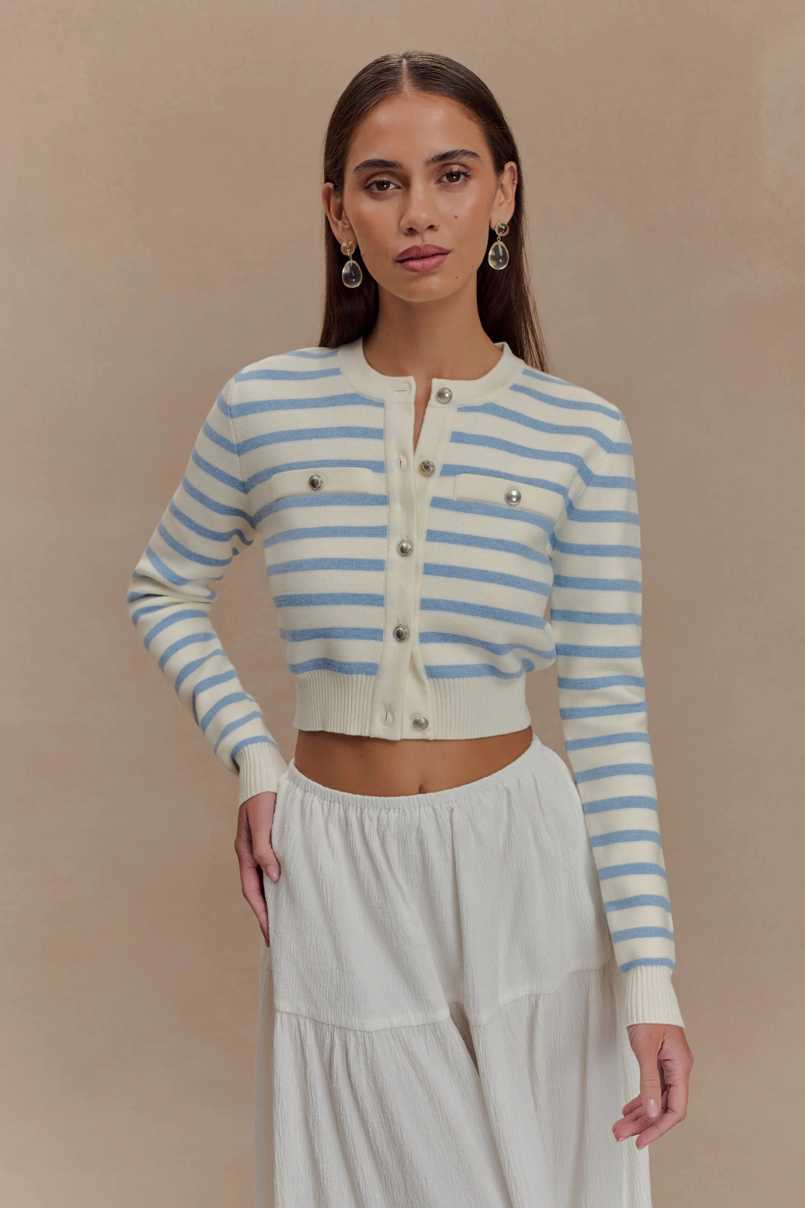 Tanner Striped Knit Cardigan - Light Blue/White sold by Meshki