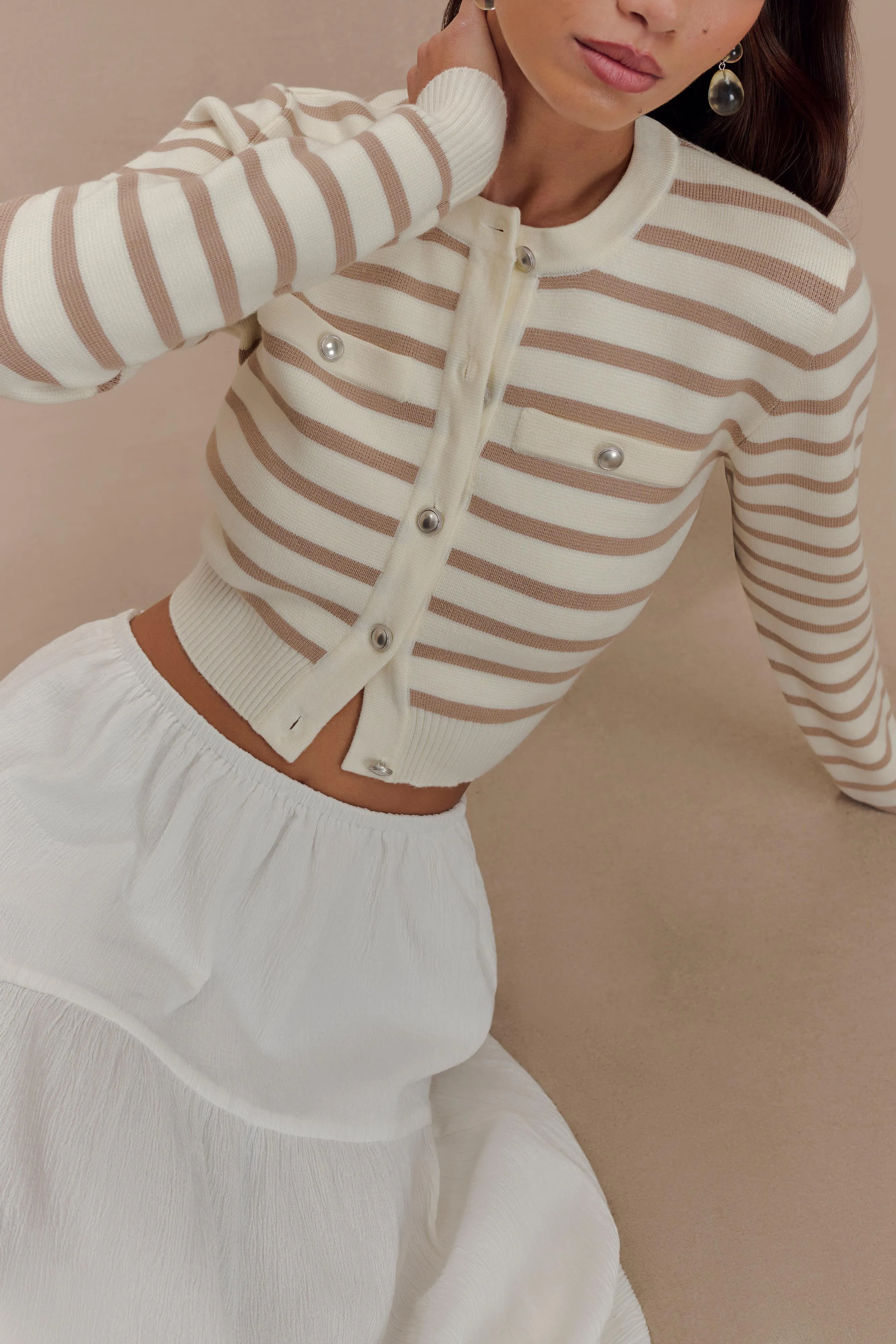 Tanner Striped Knit Cardigan - Nude/White sold by Meshki product image thumbnail 3