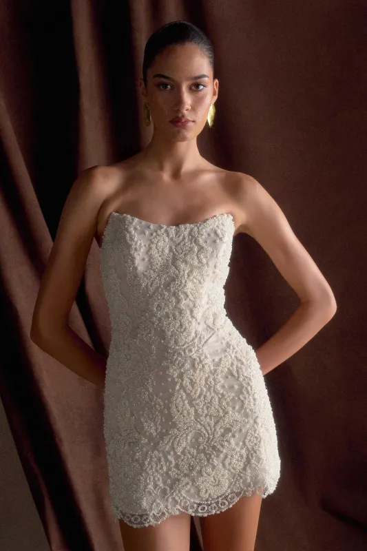 Eva Hand Beaded Pearl & Lace Mini Dress - White sold by Meshki