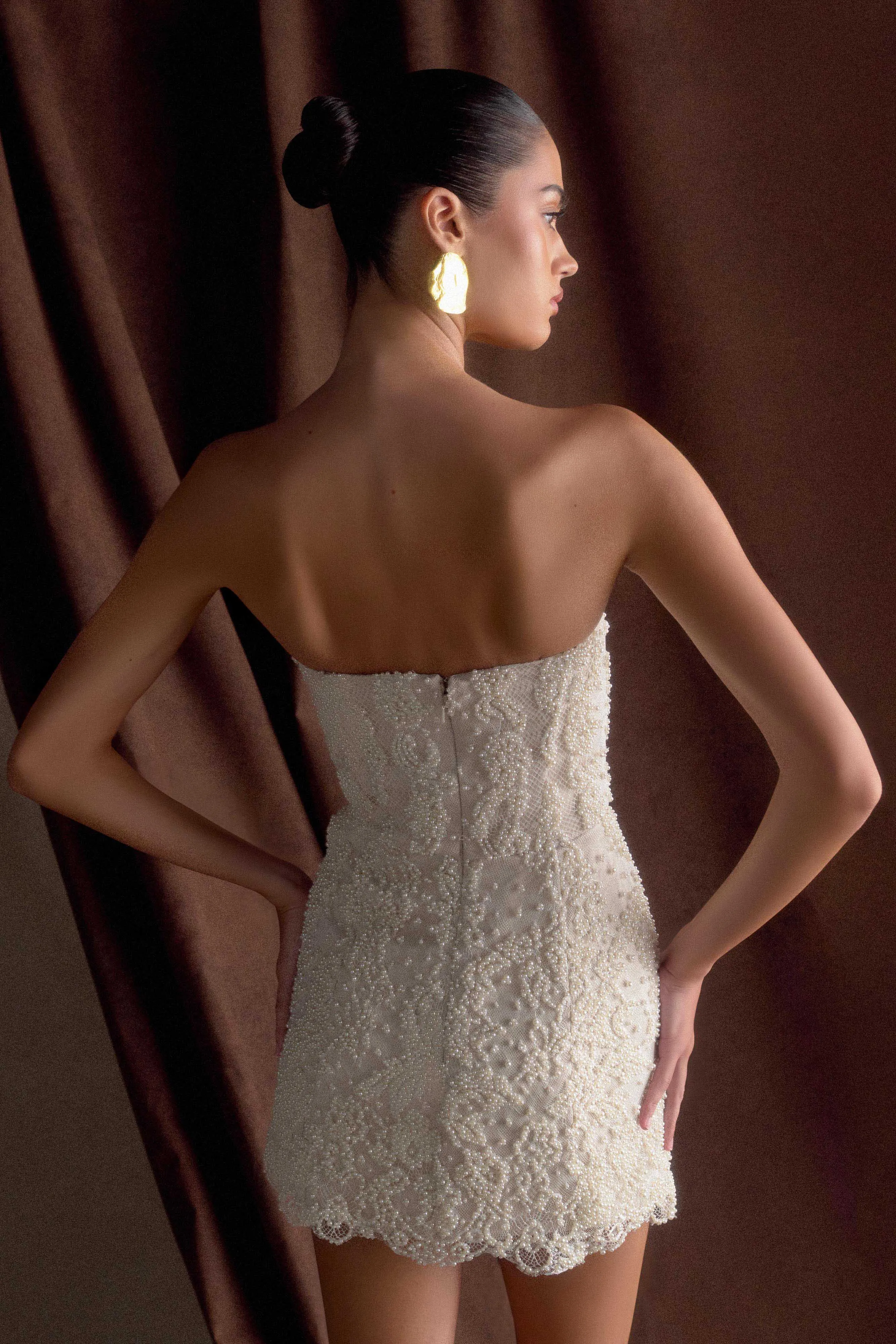 Eva Hand Beaded Pearl & Lace Mini Dress - White sold by Meshki product image thumbnail 2