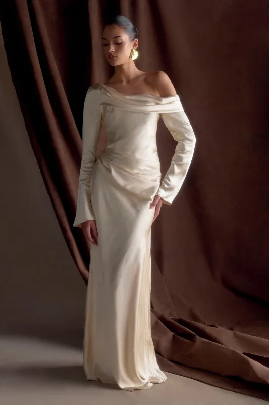 Iris Long Sleeve Satin Maxi Dress - Blush Gold sold by Meshki