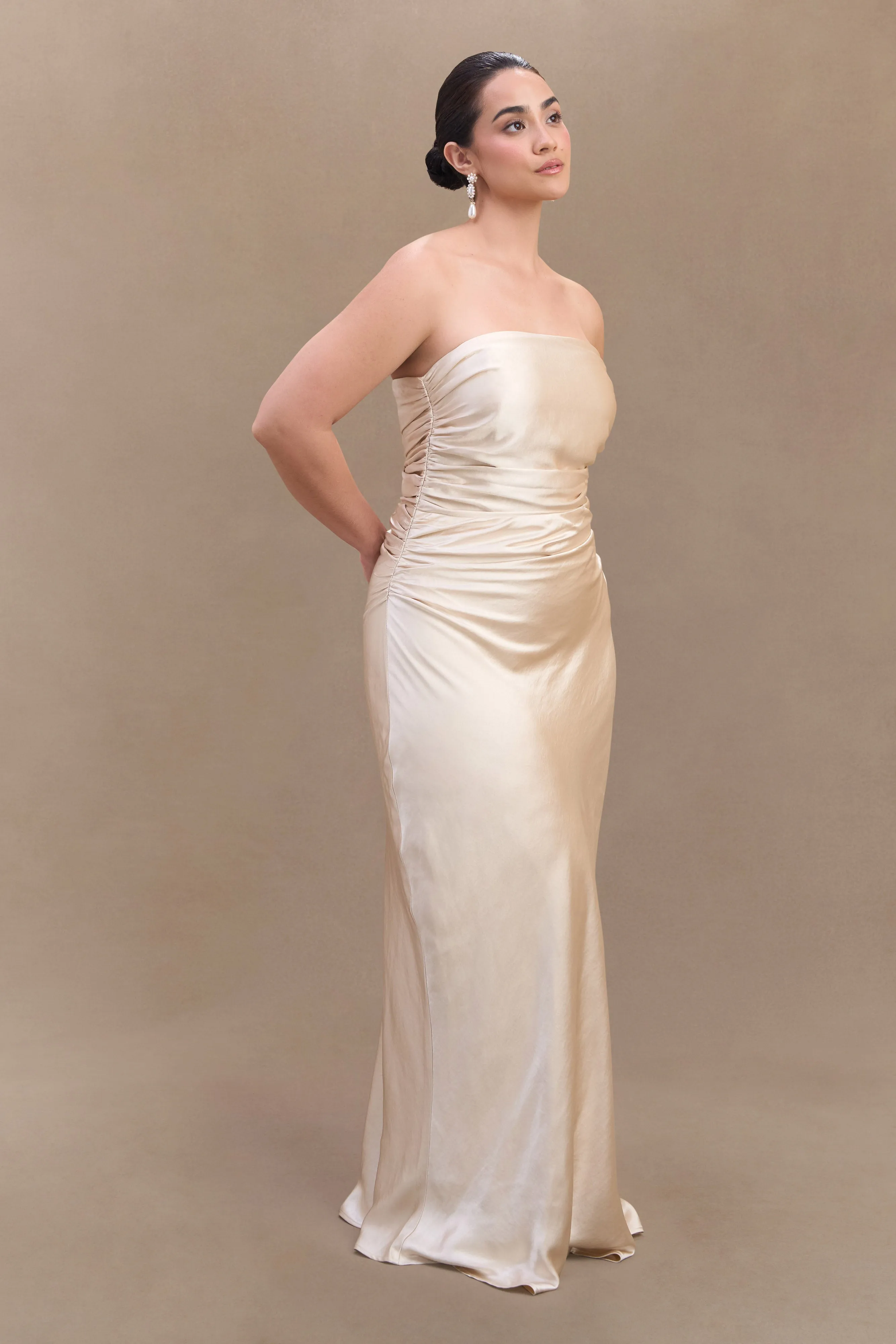 Cedar Strapless Satin Maxi Dress - Blush Gold sold by Meshki product image thumbnail 4