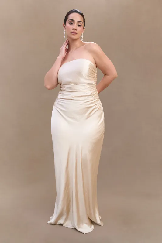 Cedar Strapless Satin Maxi Dress - Blush Gold sold by Meshki