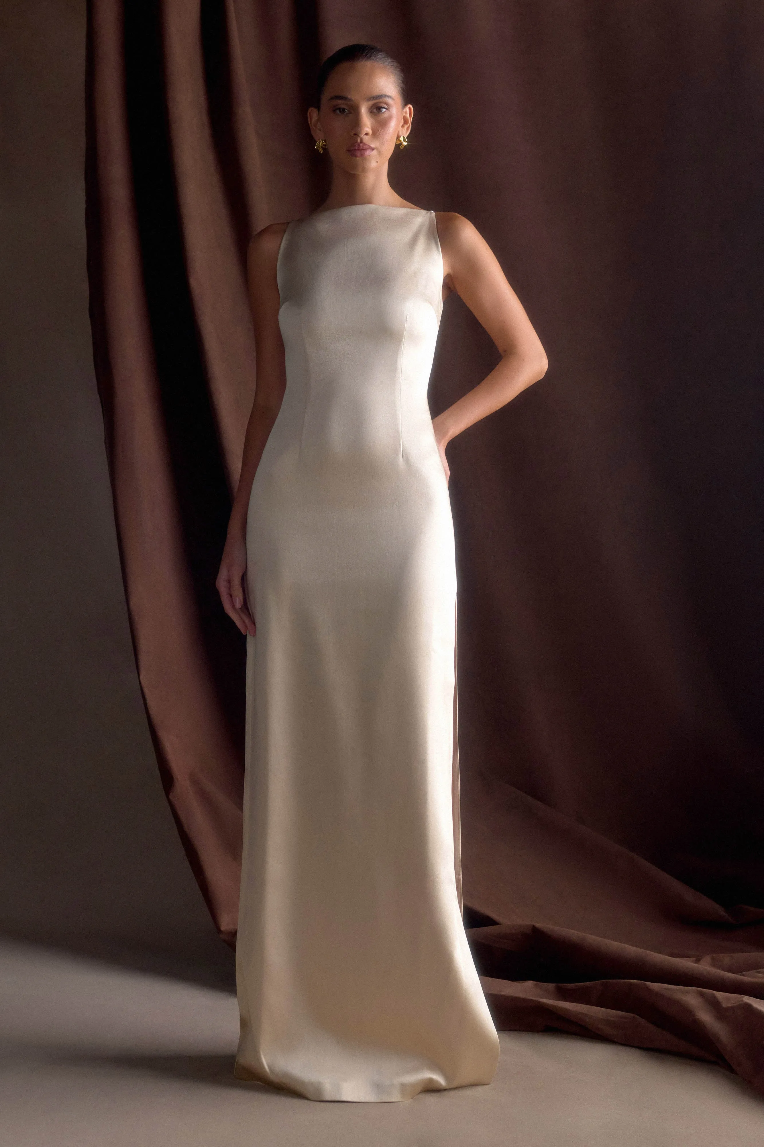 Violet Sleeveless Satin Maxi Dress - Blush Gold sold by Meshki