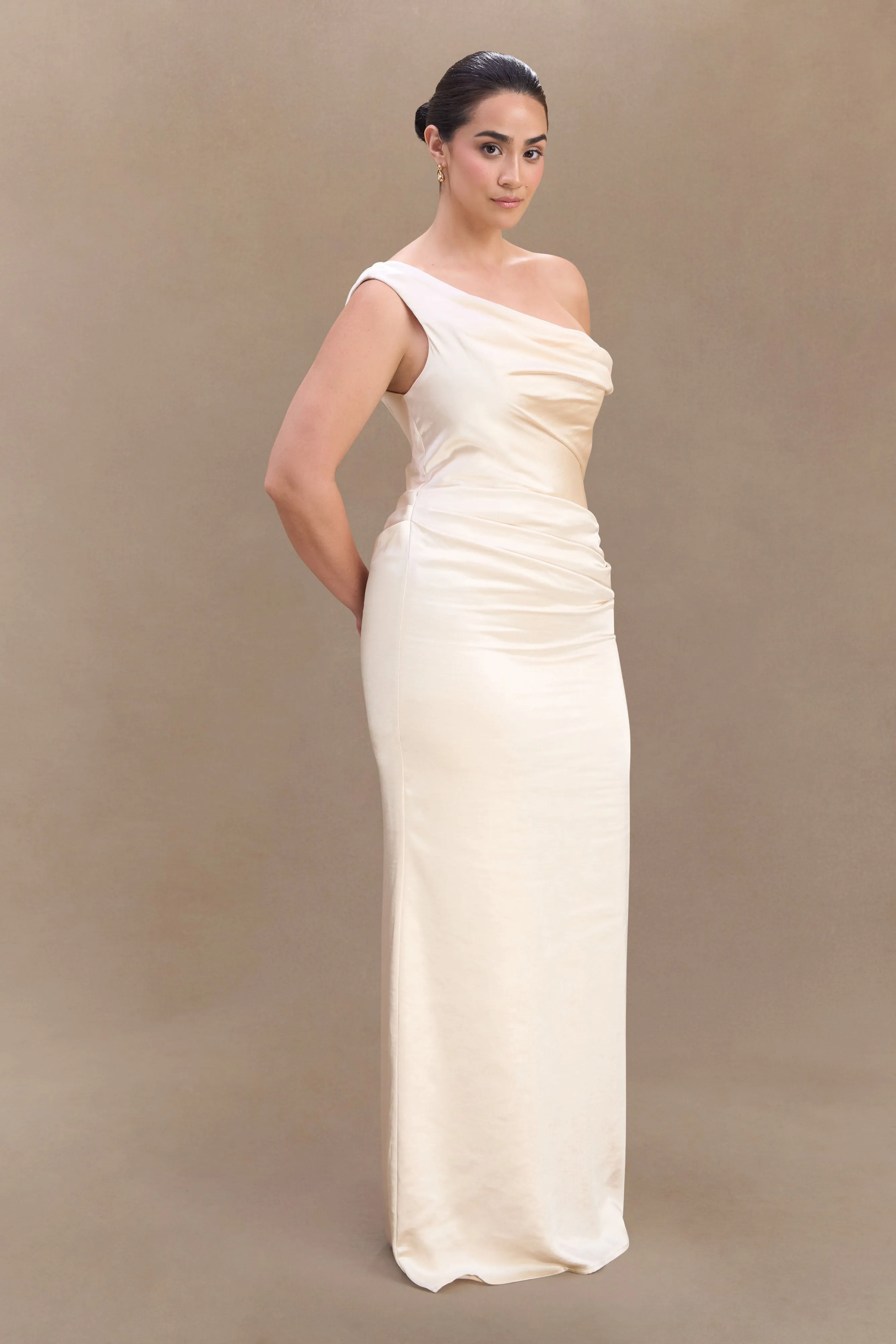 Dalia Off Shoulder Satin Maxi Dress - Blush Gold sold by Meshki product image thumbnail 4