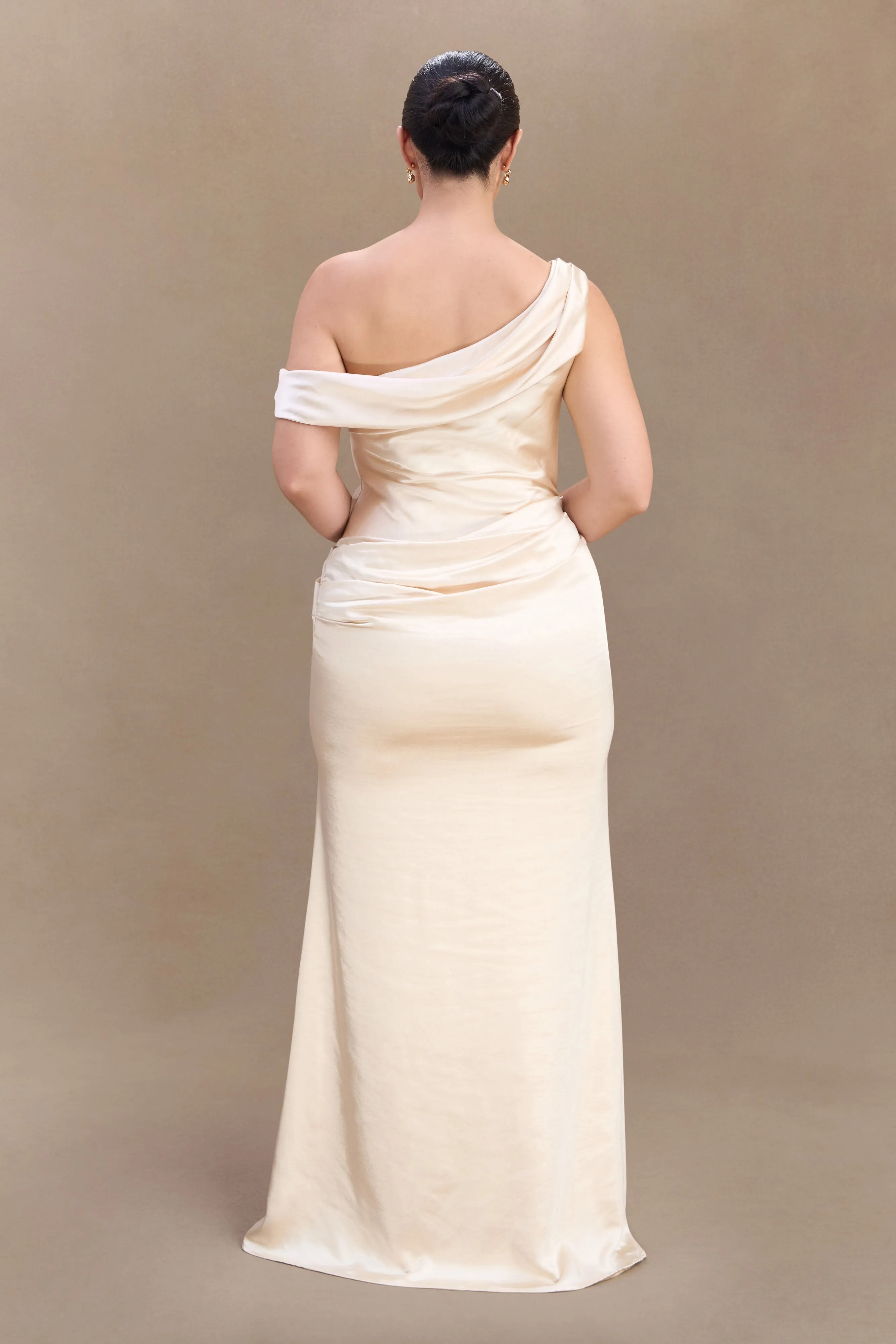 Dalia Off Shoulder Satin Maxi Dress - Blush Gold sold by Meshki product image thumbnail 5