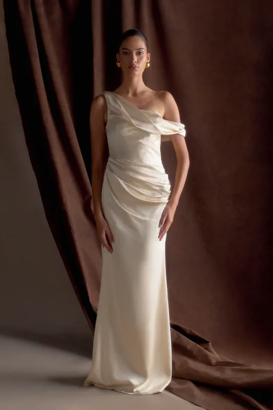 Dalia Off Shoulder Satin Maxi Dress - Blush Gold sold by Meshki