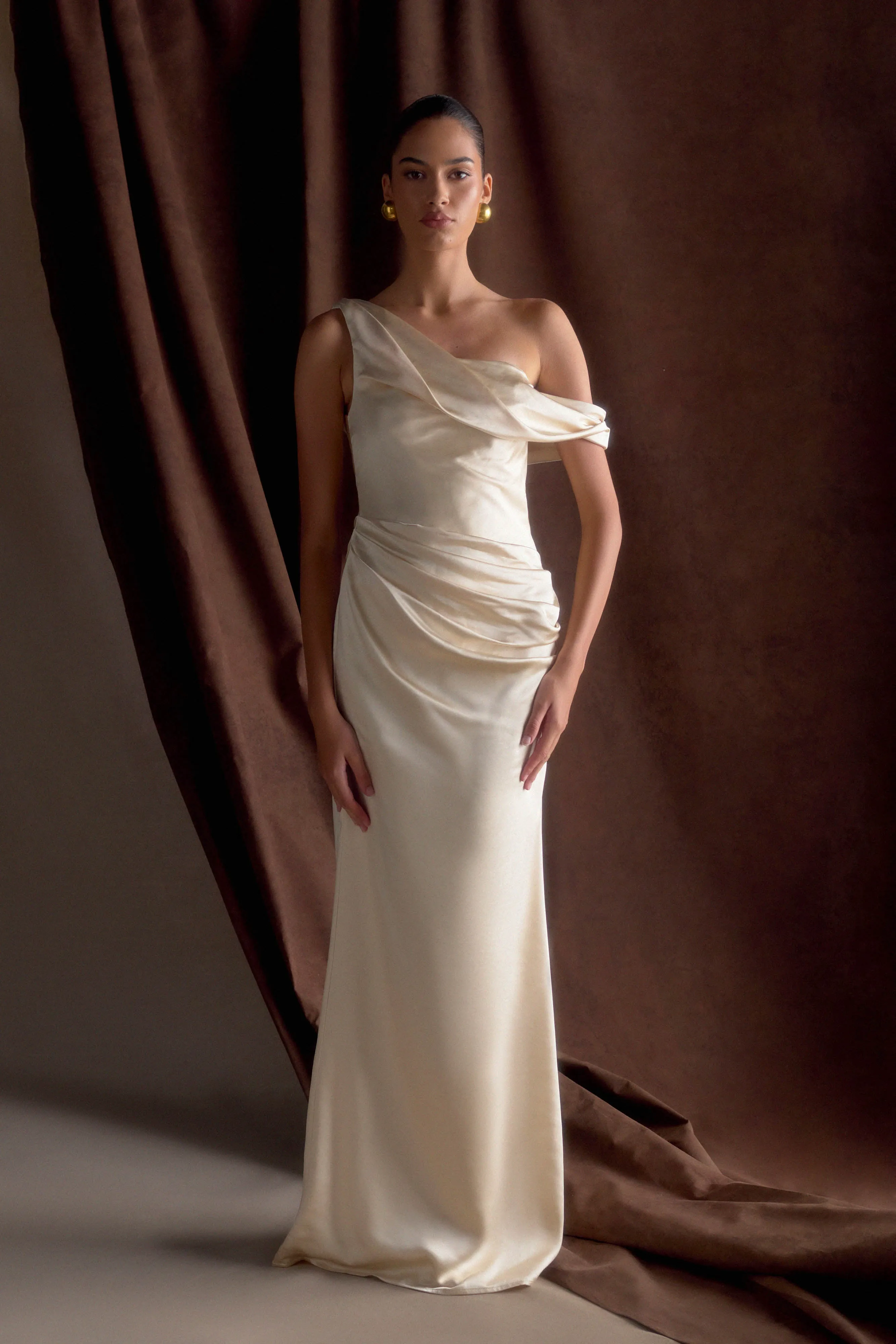 Dalia Off Shoulder Satin Maxi Dress - Blush Gold sold by Meshki