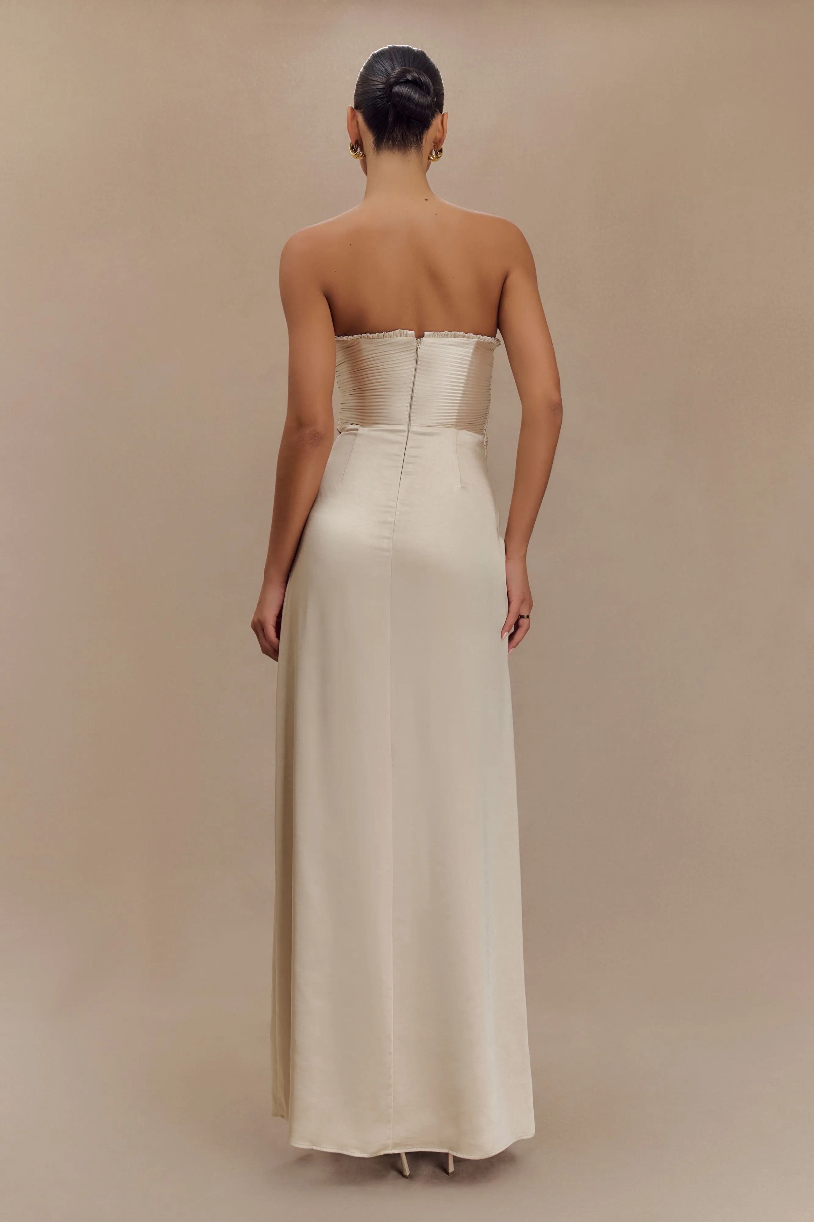 Larissa Satin Maxi Dress With Ruched Petals - Blush Gold sold by Meshki product image thumbnail 2