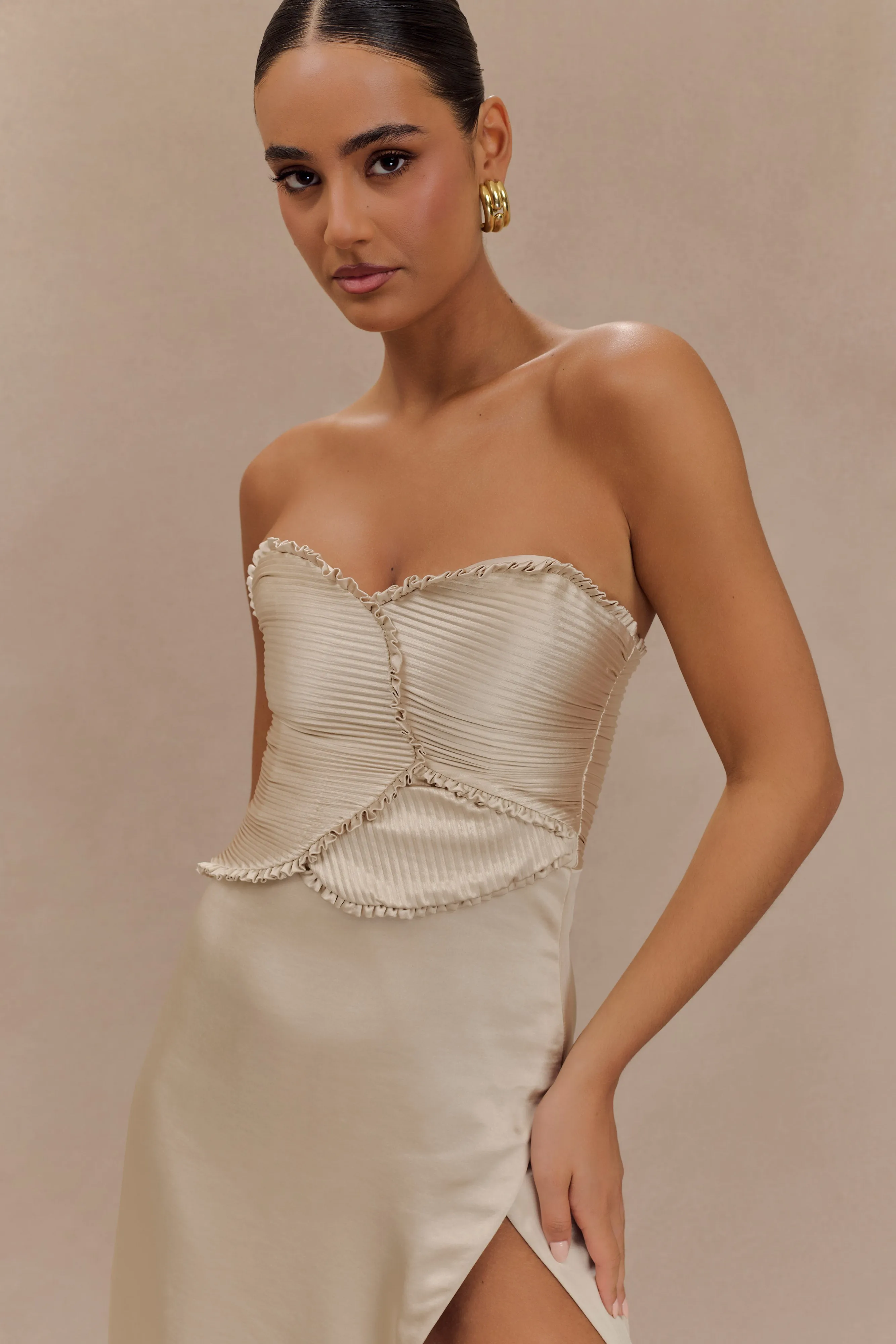 Larissa Satin Maxi Dress With Ruched Petals - Blush Gold sold by Meshki product image thumbnail 4