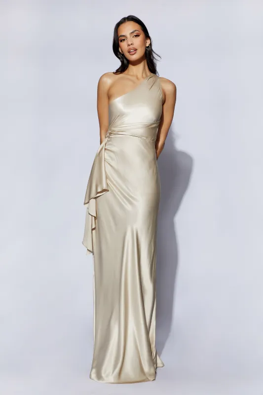 Calliope One Shoulder Maxi Dress - Blush Gold sold by Meshki