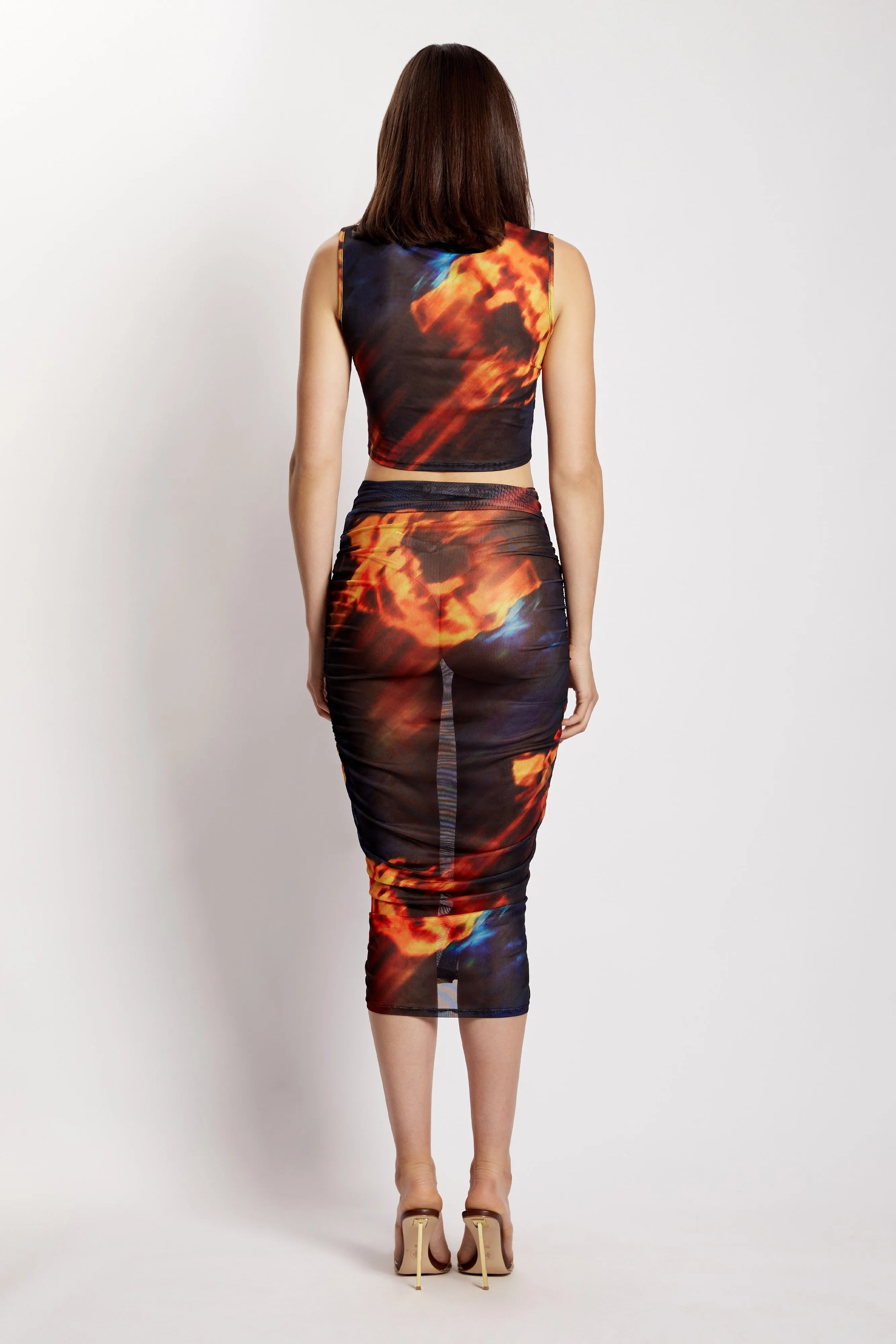 Nessa Mesh Ruched Midi Skirt - Abstract Floral sold by Meshki product image thumbnail 2
