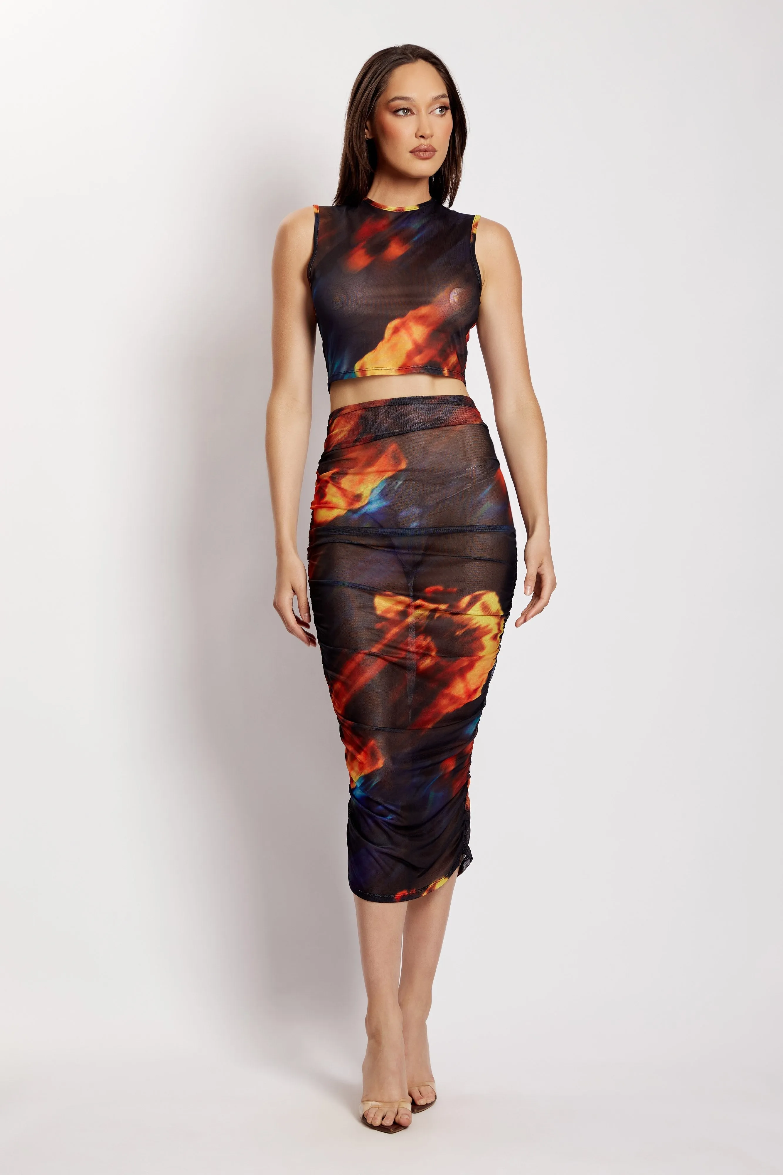 Nessa Mesh Ruched Midi Skirt - Abstract Floral sold by Meshki