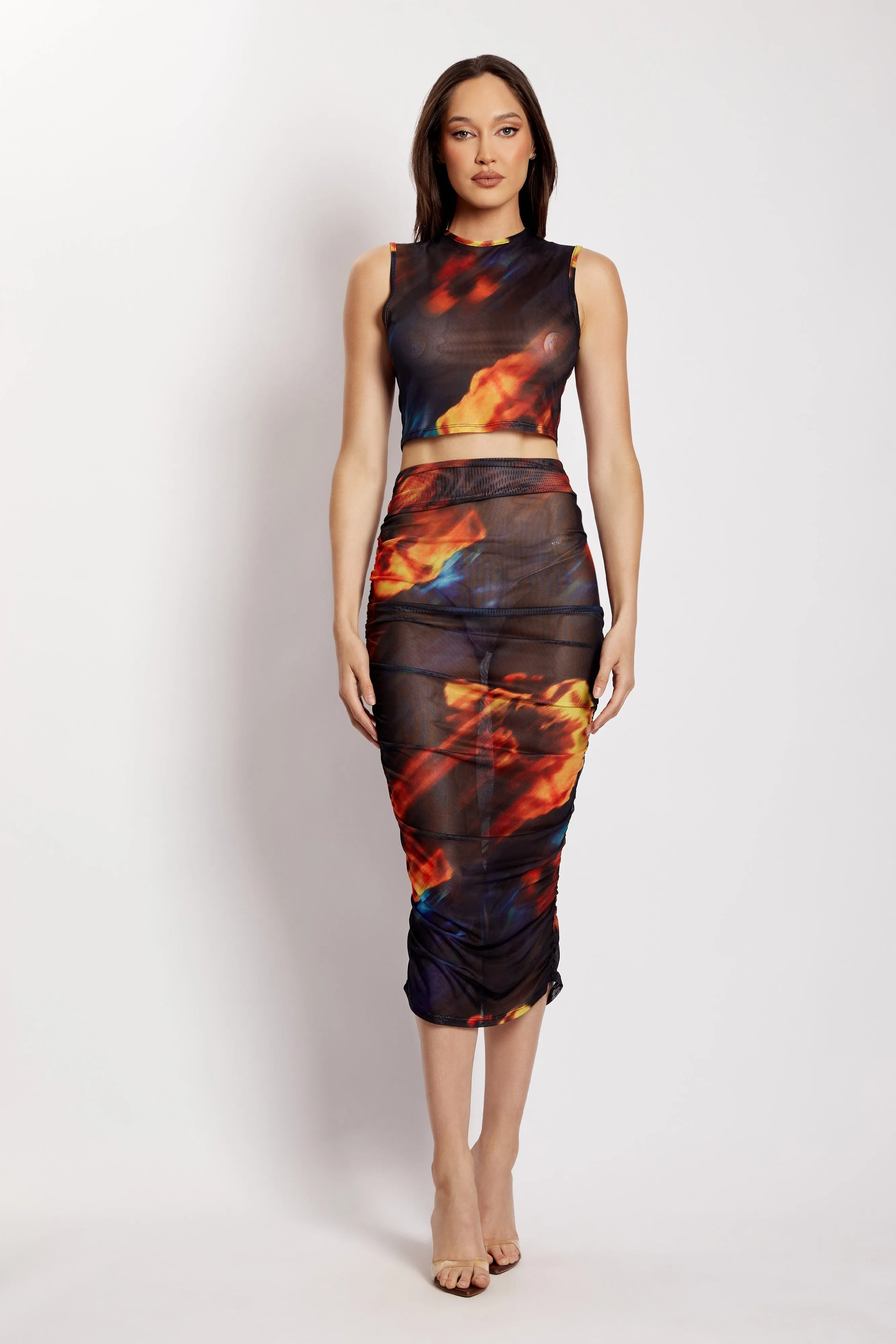 Nessa Mesh Ruched Midi Skirt - Abstract Floral sold by Meshki product image thumbnail 5