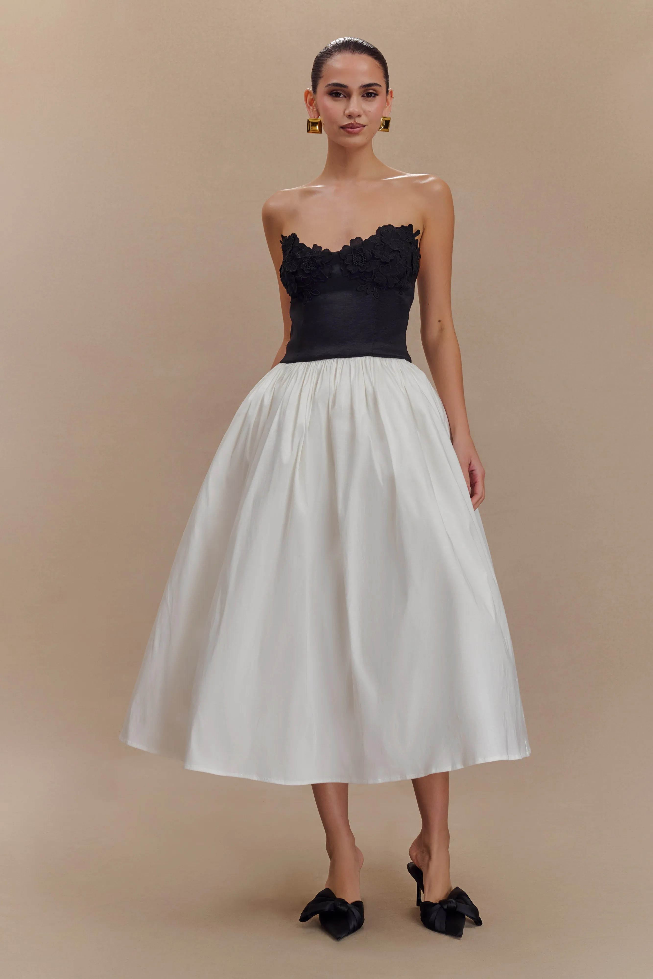 Elyssa Embroidered Contrast Midi Dress - Black/White sold by Meshki