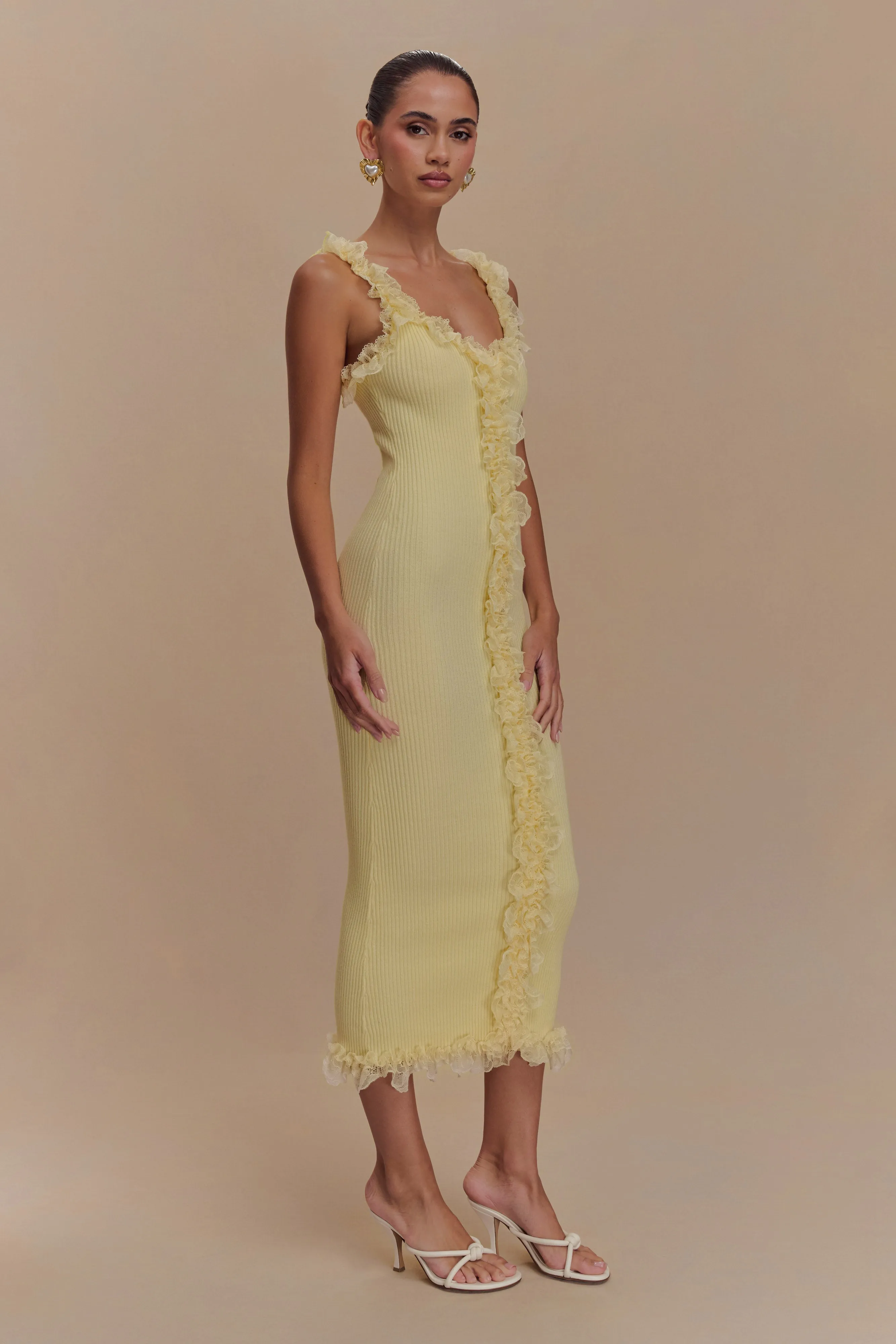 Shay Lace Ruffle Knit Midi Dress - Lemon sold by Meshki product image thumbnail 4
